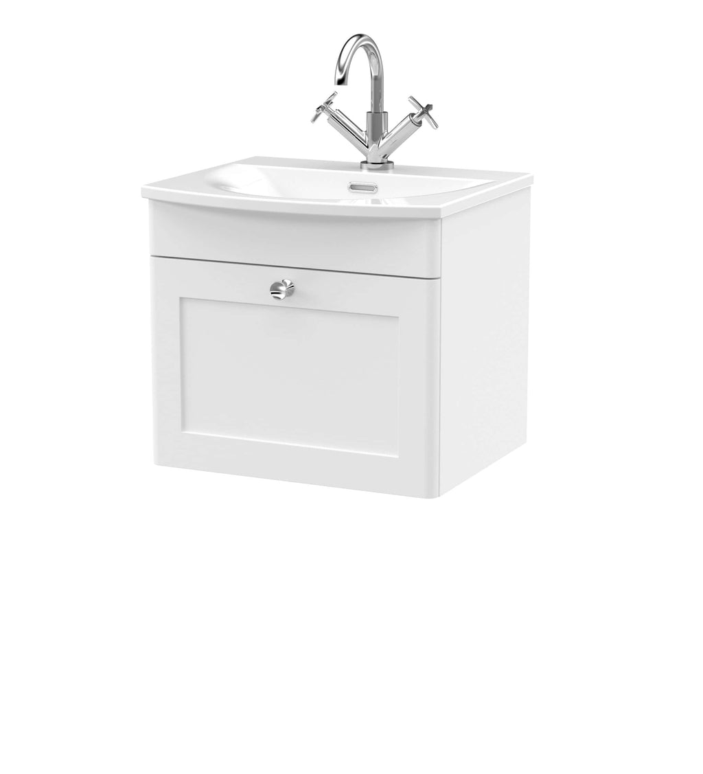 Polished white bathroom vanity with integrated sink and chrome-finished tap, ideal for modern bathroom upgrades. Compact and functional design for space-saving bathroom solutions.
