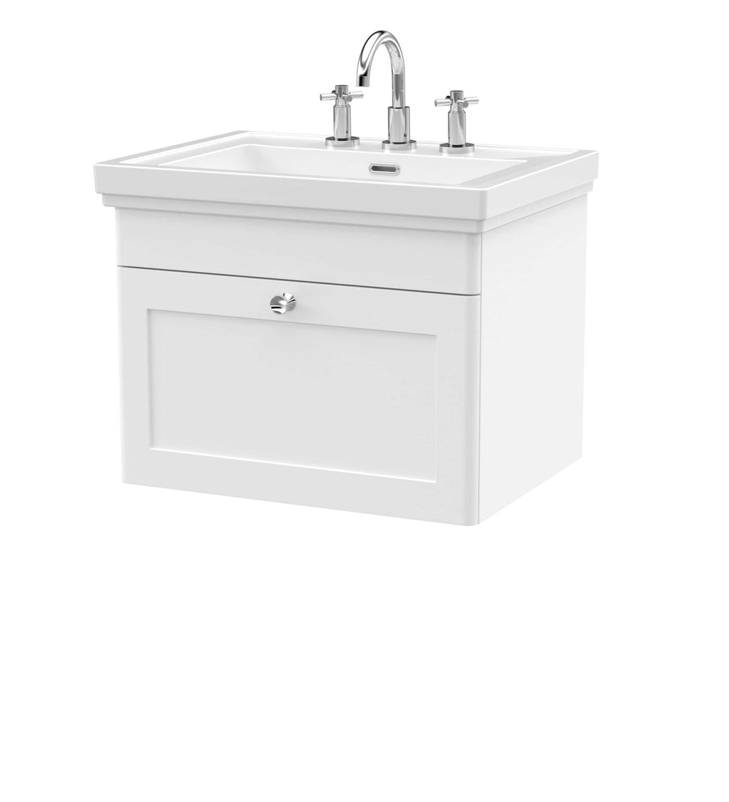 Polished white bathroom vanity with sink, chrome taps and storage cabinet - ideal for modern bathroom design.
