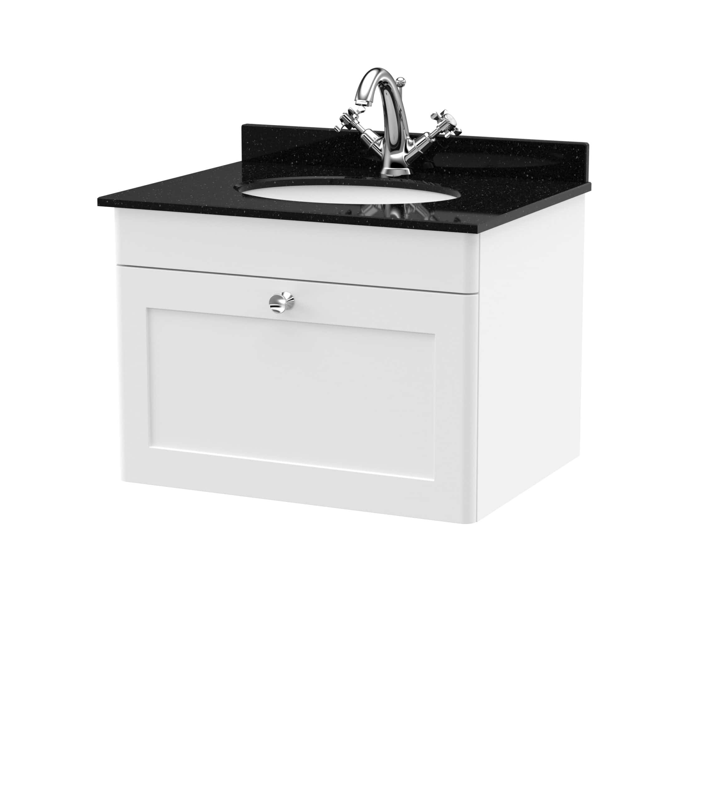Modern white bathroom vanity with black granite countertop and chrome faucet, ideal for stylish bathroom upgrades and bathroom furniture.