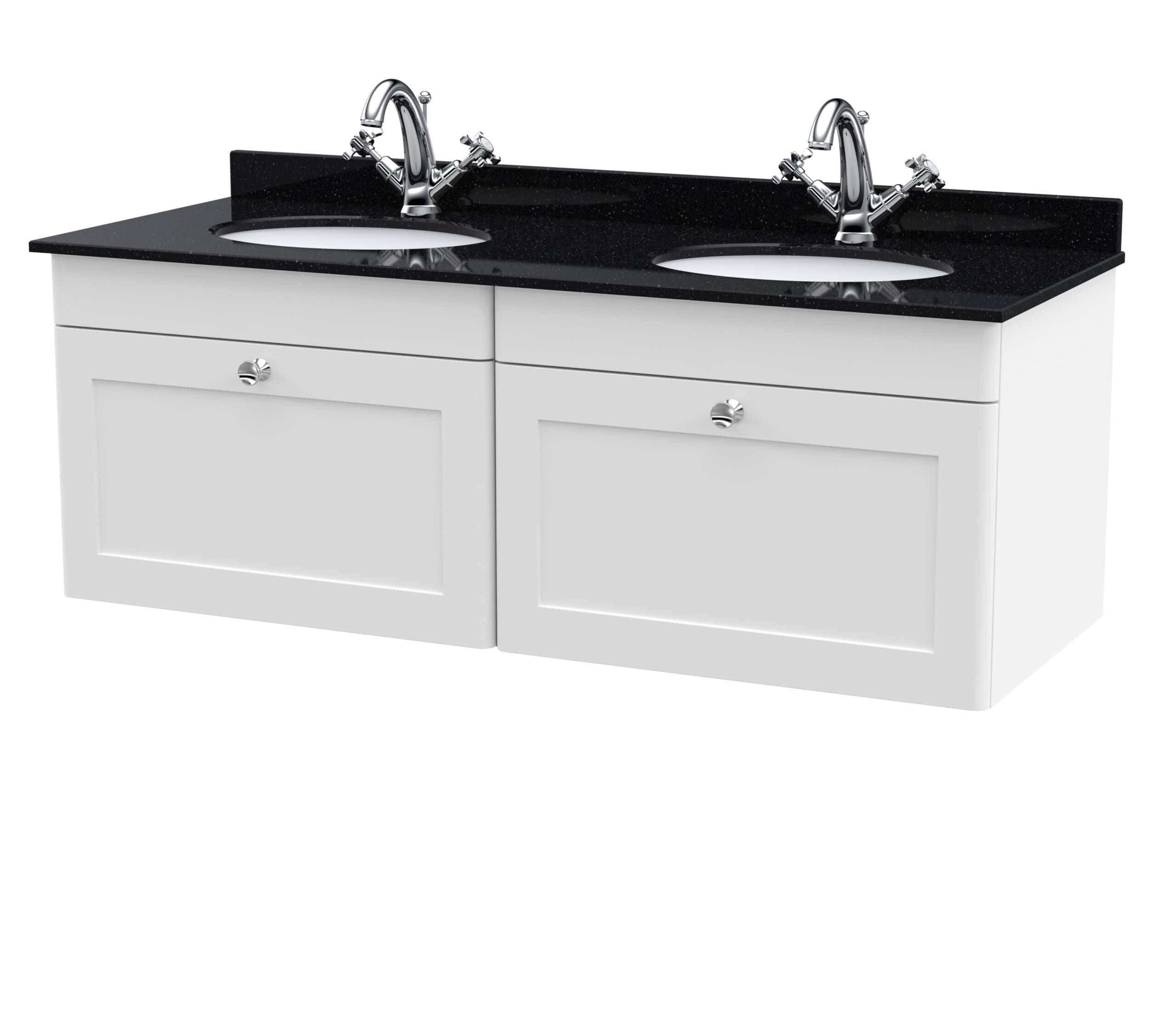 Double bathroom vanity unit with dual sinks and chrome taps, featuring a sleek black granite countertop and white wooden cabinetry - perfect for modern bathroom design.