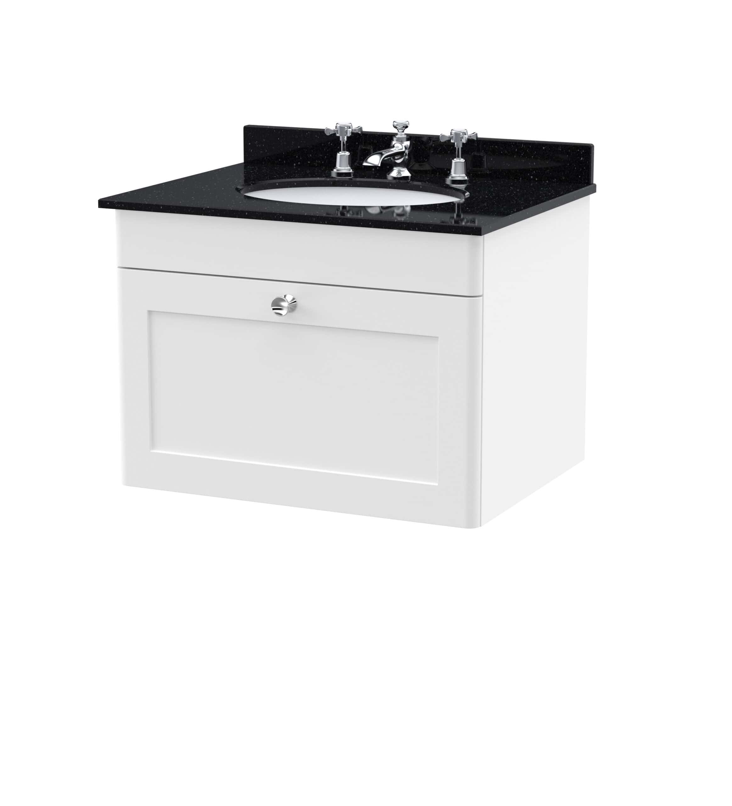Sleek white bathroom vanity with black granite countertop and integrated sink, perfect for modern bathroom design and storage solutions. Durable, stylish, and easy to clean.
