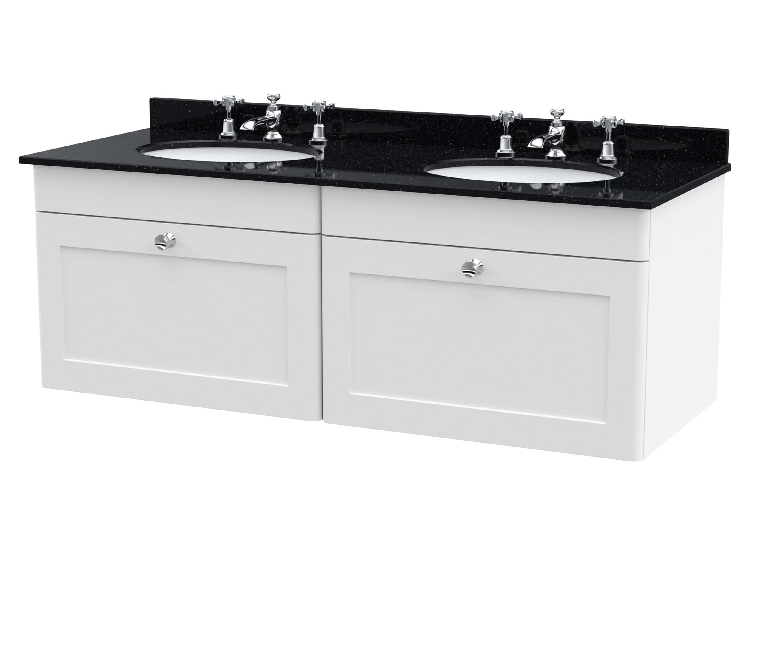 Polished double bathroom vanity with black granite countertop and dual sinks, modern bathroom furniture from Bubly Bathrooms.