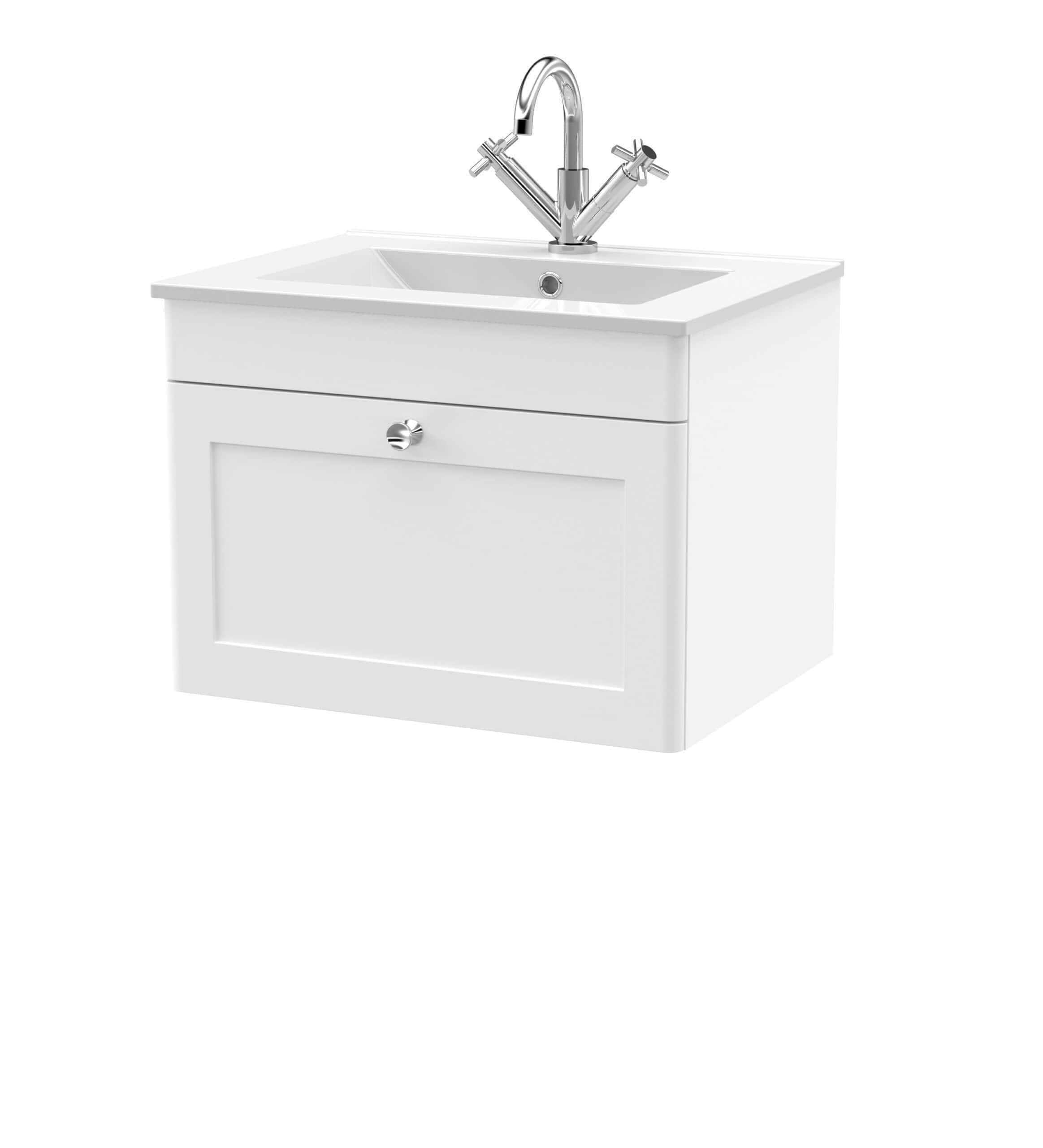 Versatile white bathroom vanity with integrated sink and sleek chrome tap for modern bathroom renovation. Perfect for storage and style.