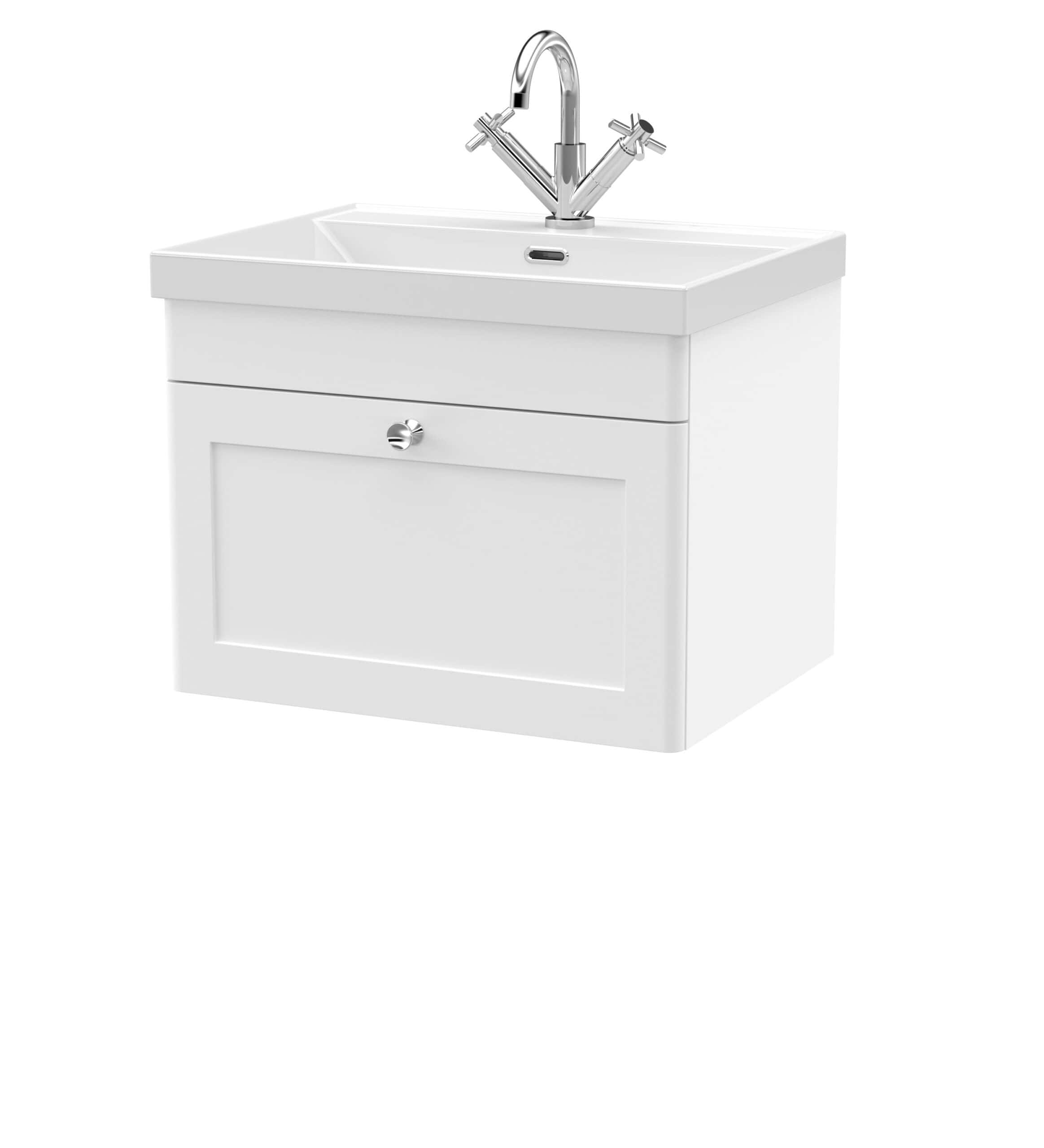 Elegant white bathroom vanity with integrated sink and chrome fixtures, ideal for modern bathroom designs. Perfect for enhancing style and functionality in your bathroom.