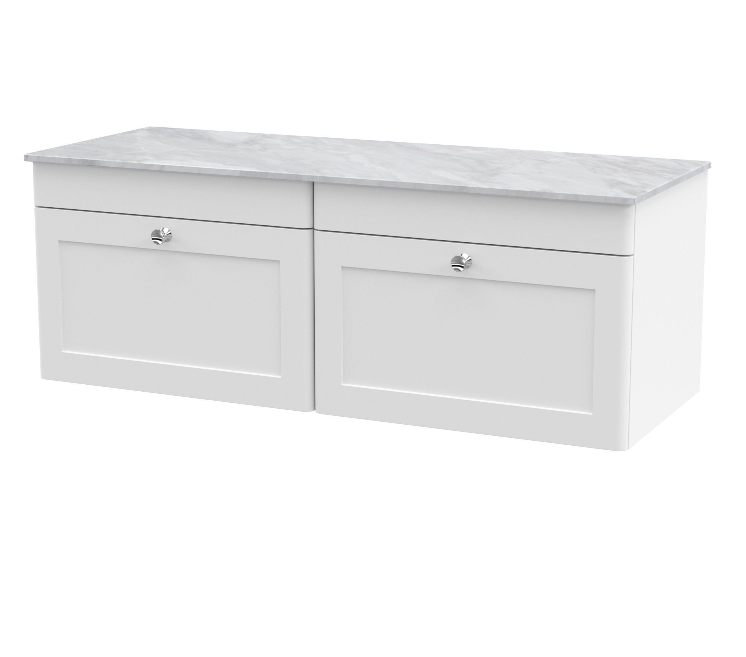 Polished white bathroom vanity with marble top and chrome handles, ideal for modern bathrooms.