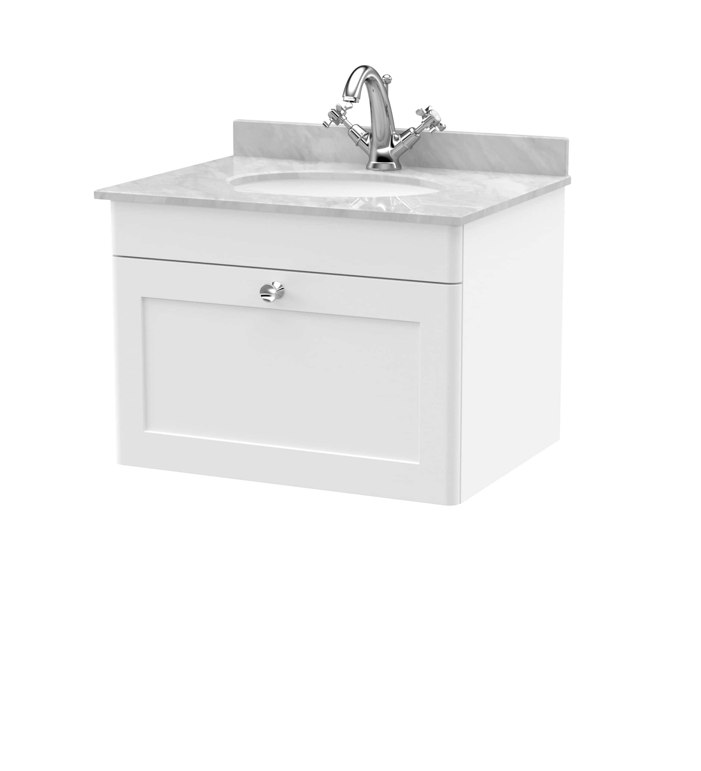 Modern white bathroom vanity with marble countertop and chrome faucet, ideal for bathroom renovations and cabinetry.