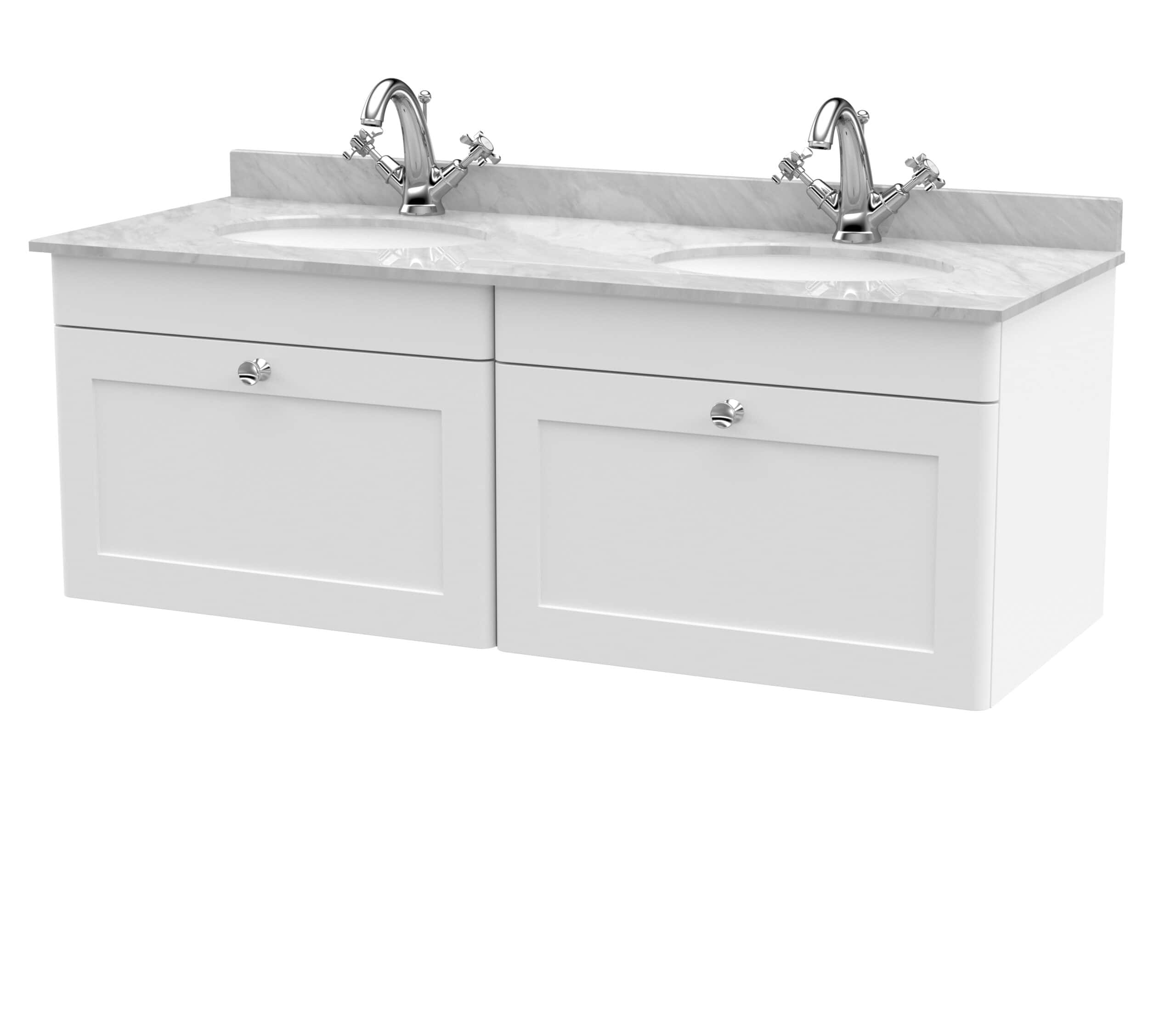 Polished double sink vanity unit with marble countertop and chrome taps, ideal for modern bathrooms or powder rooms. Durable white finish and sleek design for elegant bathroom storage and style.
