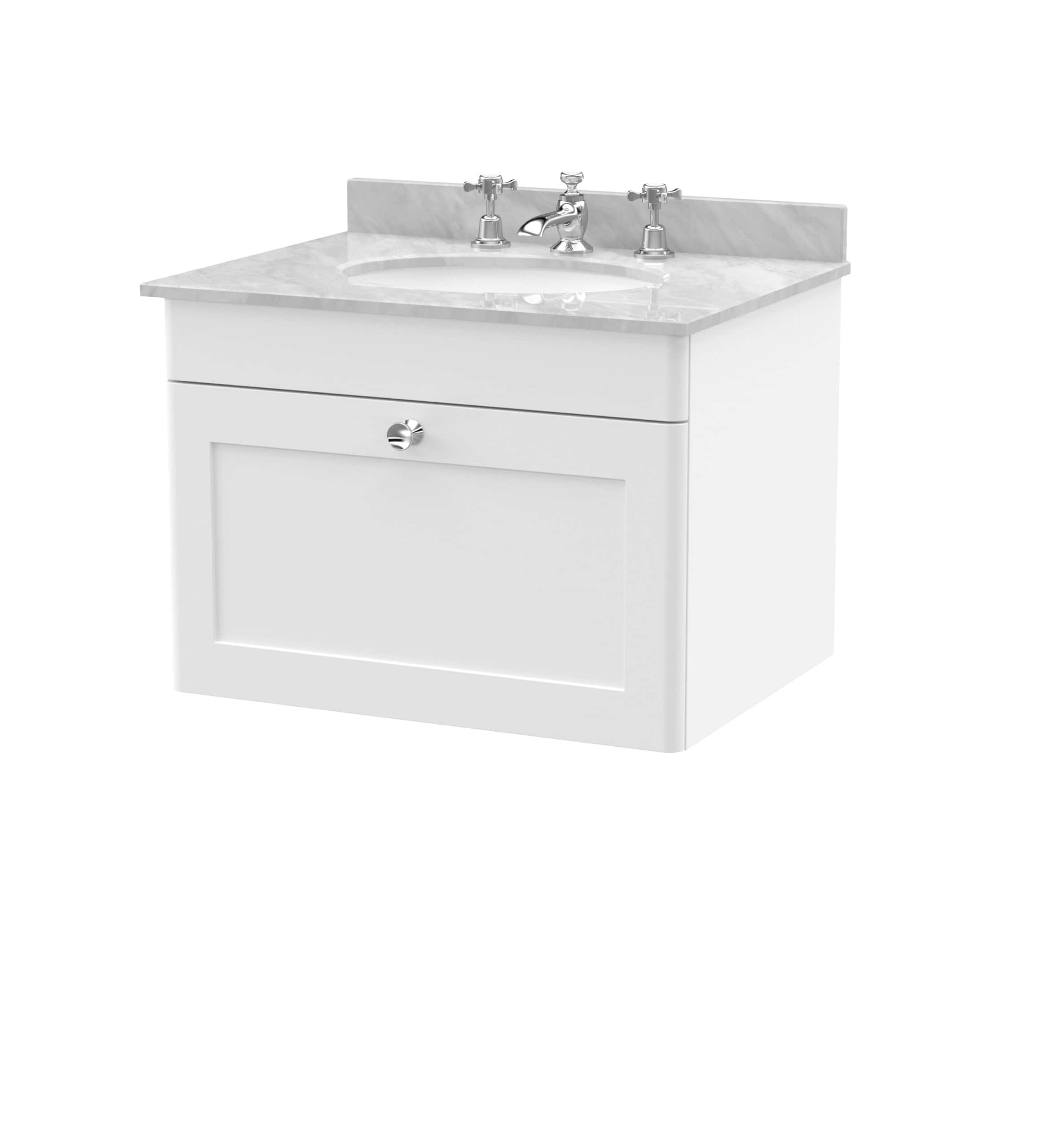 Polished white bathroom vanity with marble countertop and elegant chrome fixtures, ideal for modern bathroom renovations. Perfect for stylish, functional bathroom design.