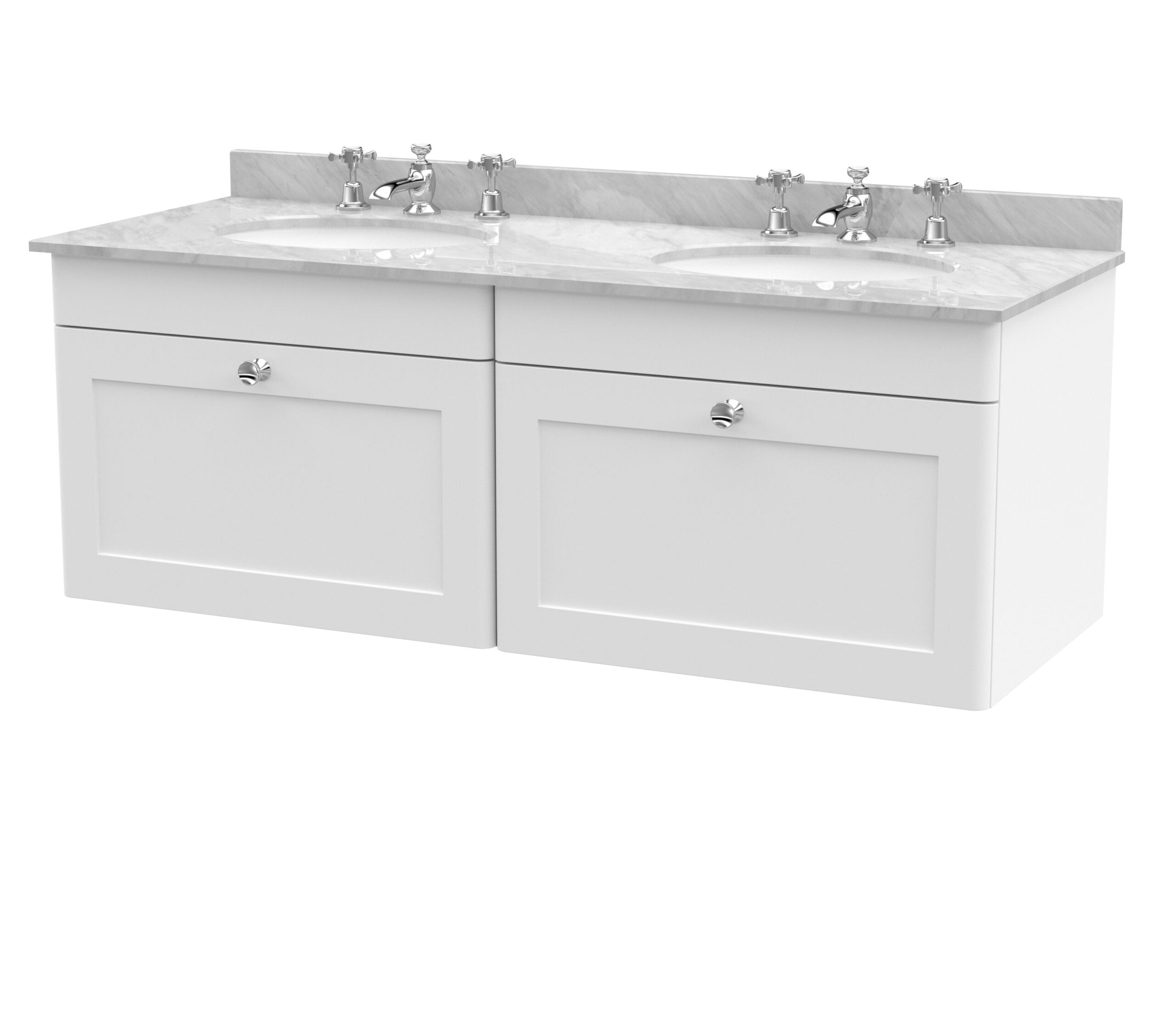 Polished white double bathroom vanity with marble countertops and dual sinks, featuring chrome fixtures and storage cabinets, ideal for modern luxury bathroom design.