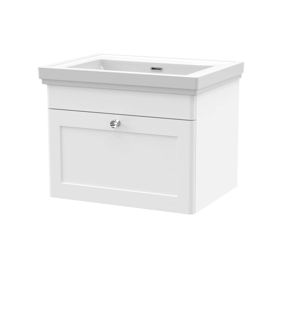 White bathroom vanity with integrated basin and storage drawer, ideal for modern bathroom designs. Perfect for adding stylish storage and functionality to your bathroom space.