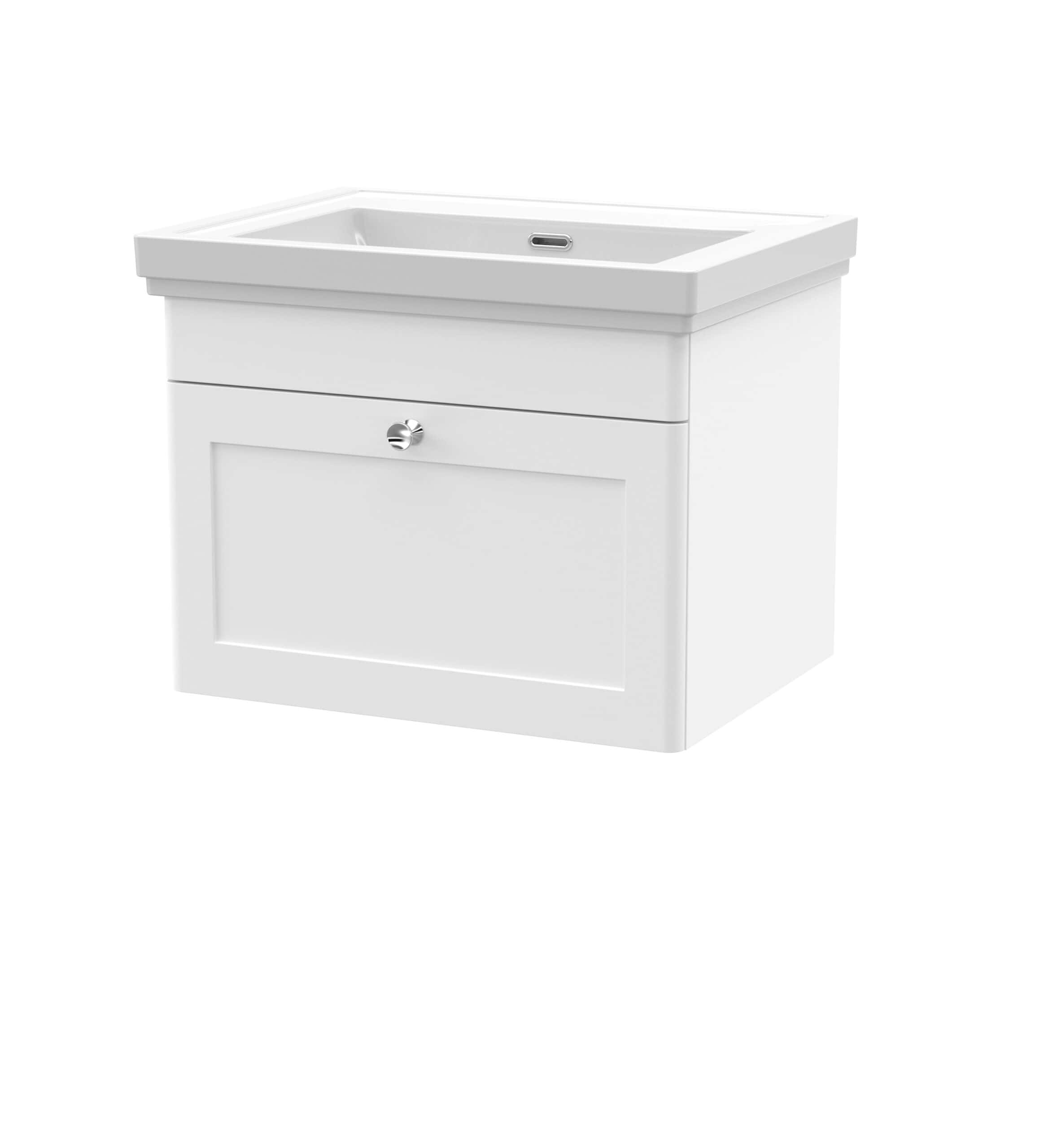 White bathroom vanity with integrated basin and storage drawer, ideal for modern bathroom designs. Perfect for adding stylish storage and functionality to your bathroom space.