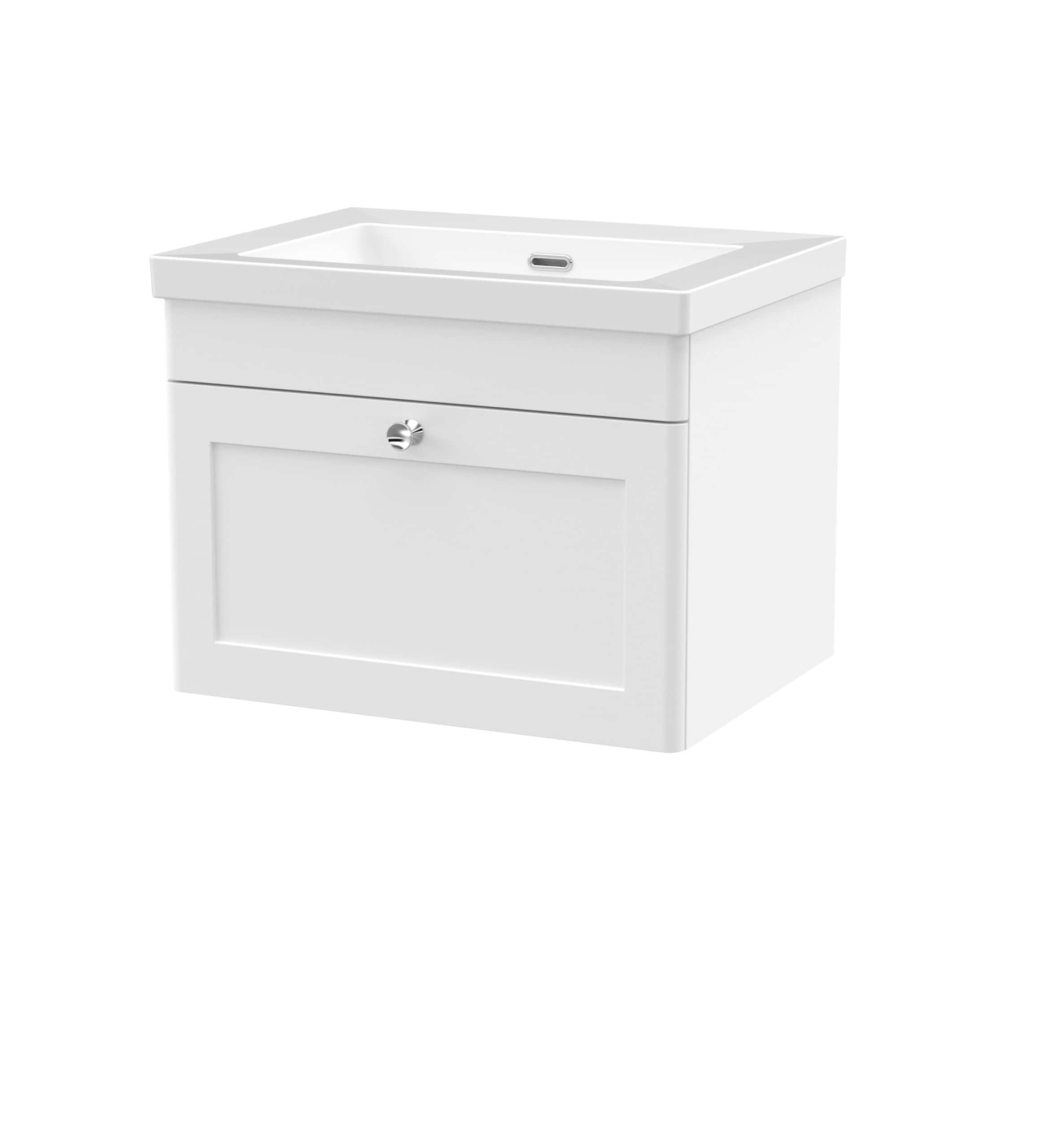 Contemporary white bathroom vanity with integrated sink, storage cabinet, and chrome handle, ideal for modern bathroom designs.