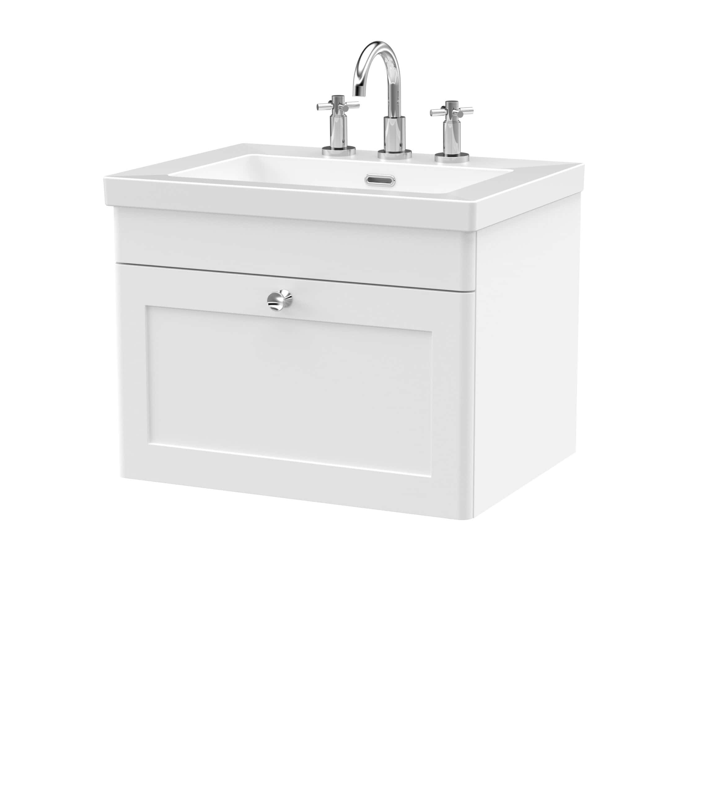 Sleek white bathroom vanity unit with integrated sink, chrome taps, and storage cabinet, perfect for modern bathrooms.