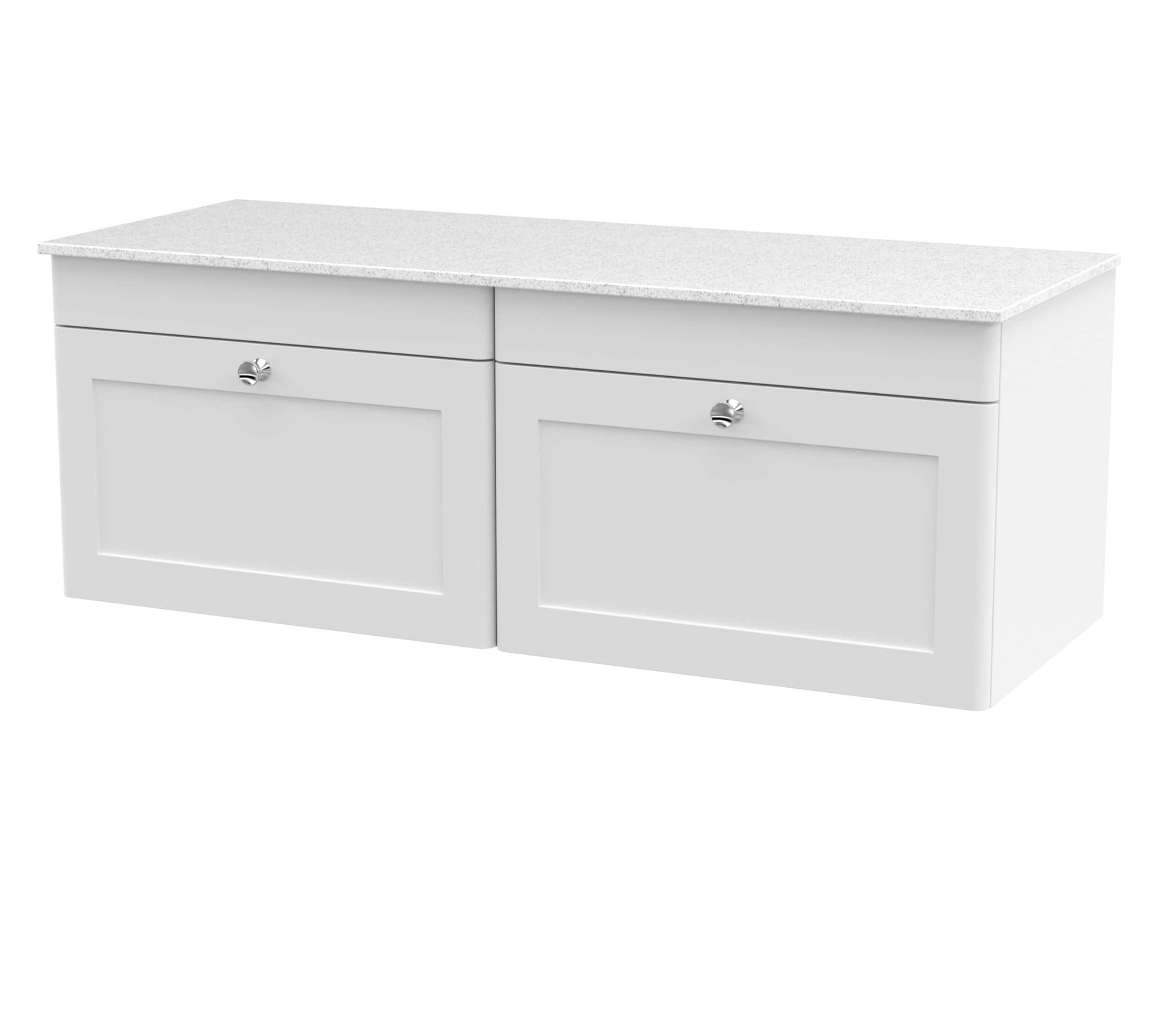 Polished white bathroom vanity unit with drawers and a speckled quartz countertop, ideal for modern bathroom storage and decor.