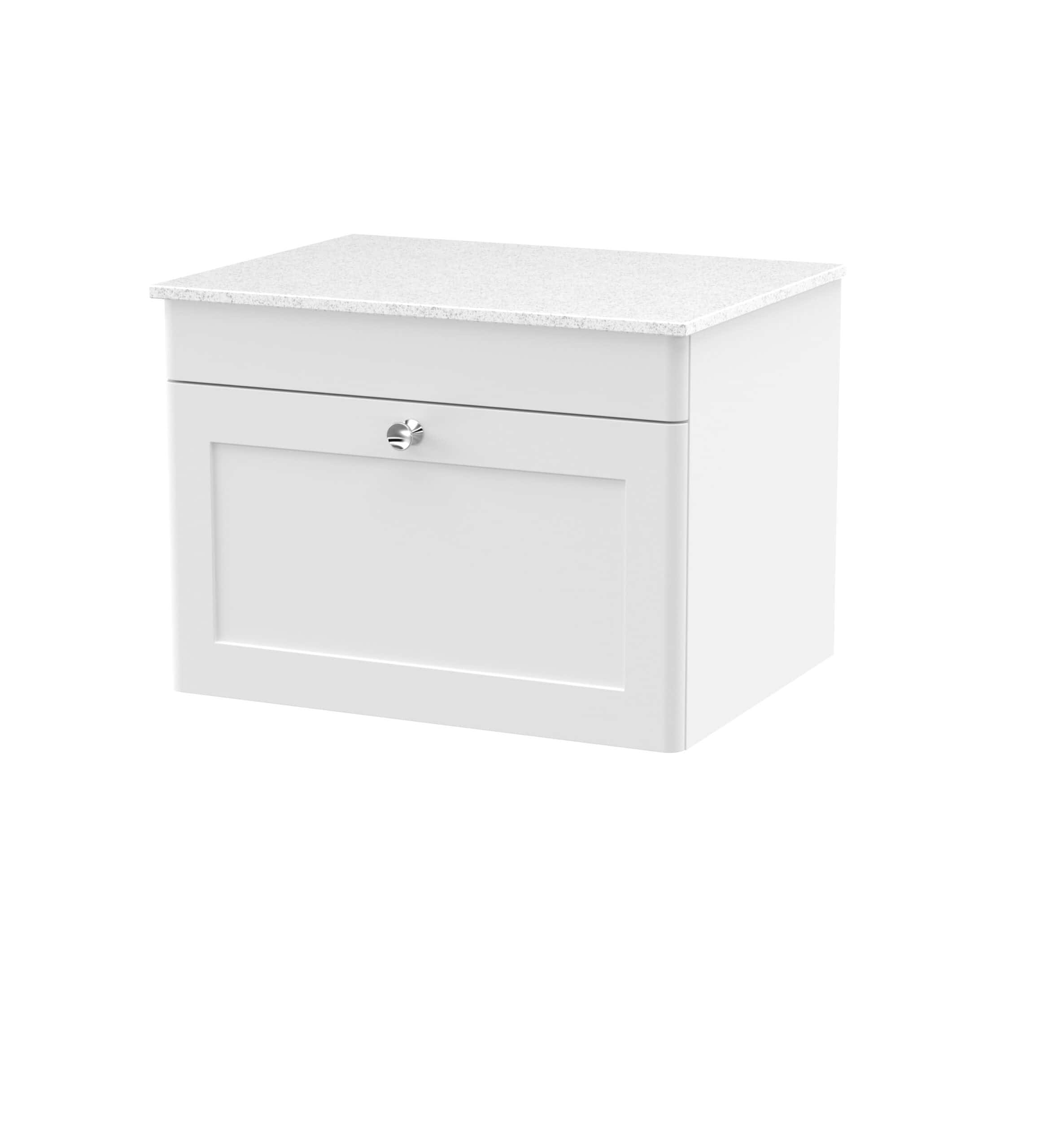 Modern white bathroom wall cabinet with a granite countertop, perfect for bathroom storage and organisation. Compact design suitable for modern bathroom interiors.
