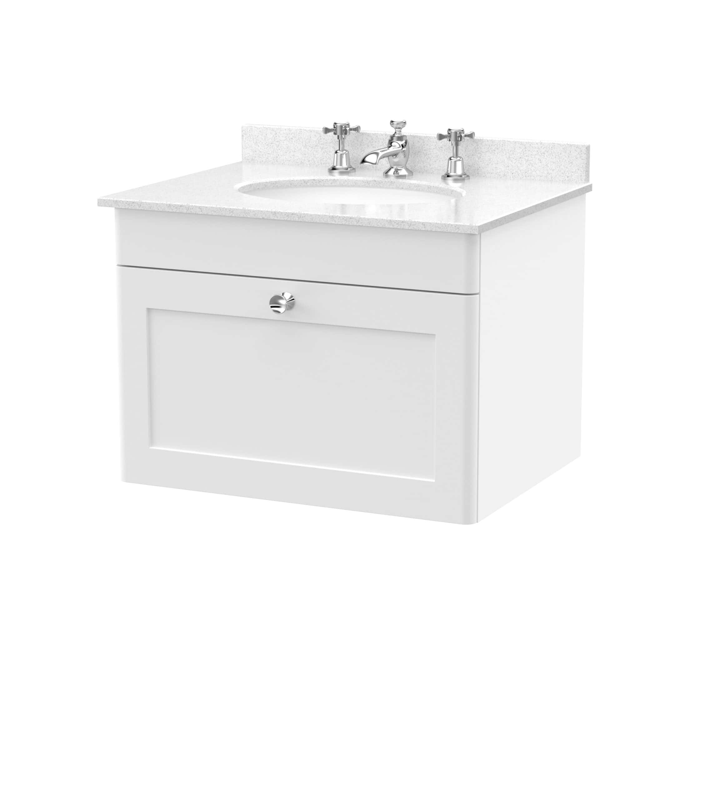 Elegant white bathroom vanity with classic design, integrated sink, and chrome fixtures, perfect for modern or traditional bathrooms, offering stylish storage and functionality.