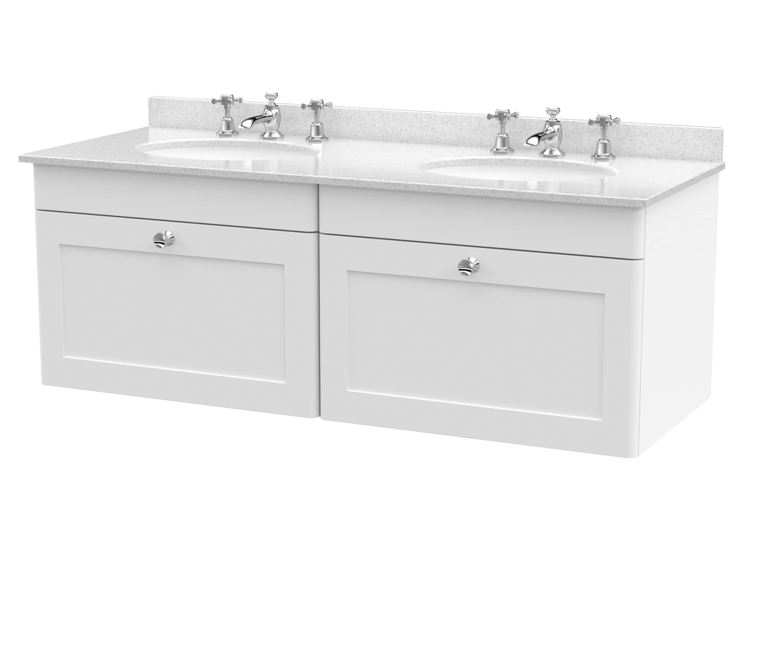 Polished double bathroom vanity with twin ceramic sinks and chrome fixtures.