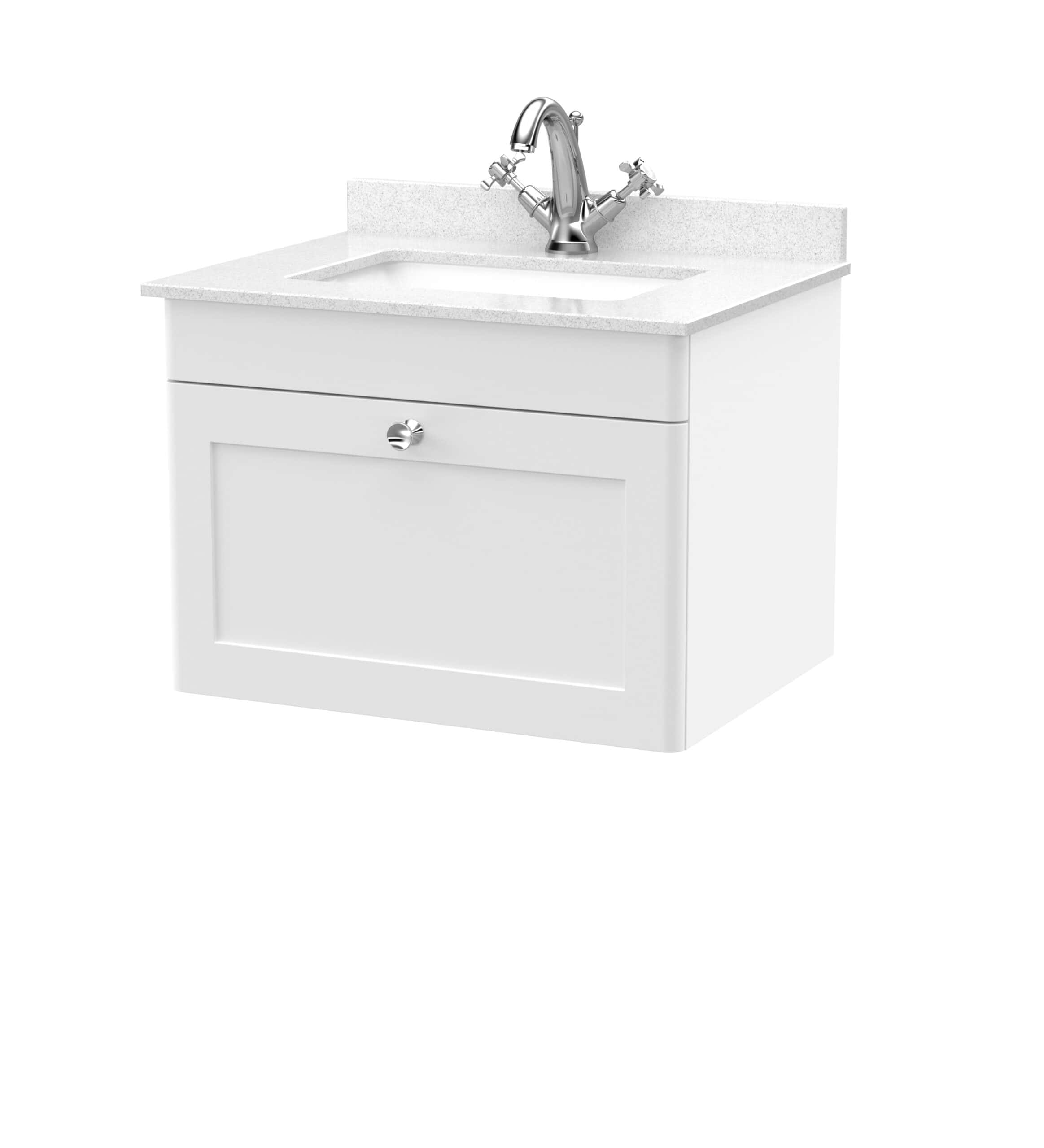 Polished white bathroom sink unit with chrome mixer tap and storage cabinet, ideal for modern bathroom refurbishment and plumbing solutions.