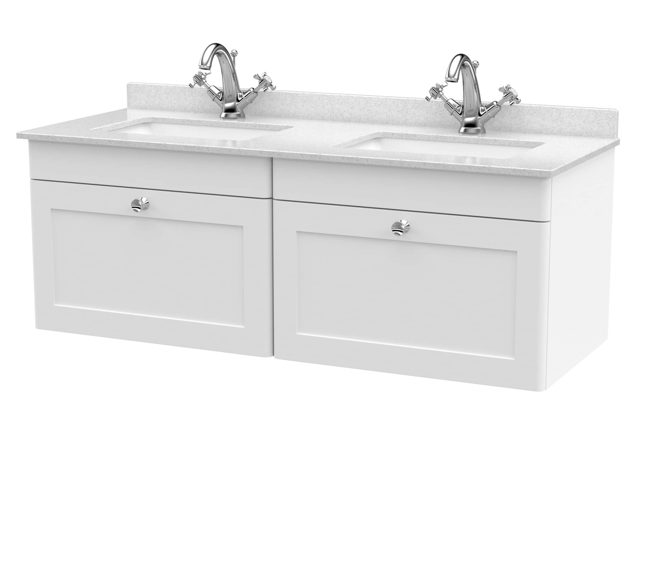 Double basin bathroom vanity with two chrome taps and white cabinetry for modern bathroom design.