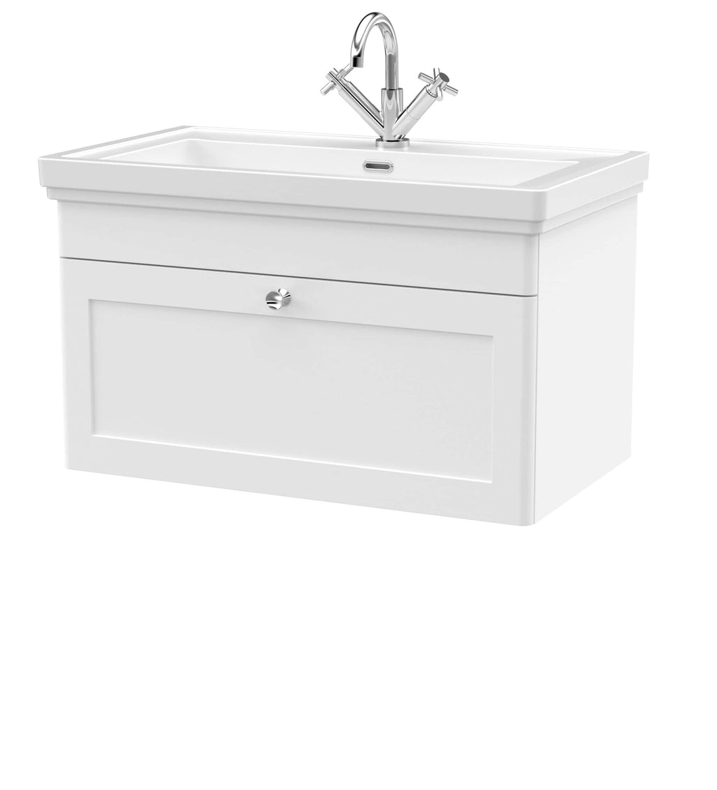 Shower sink vanity unit with storage and chrome tap, ideal for modern bathrooms and washrooms, featuring a sleek white design.