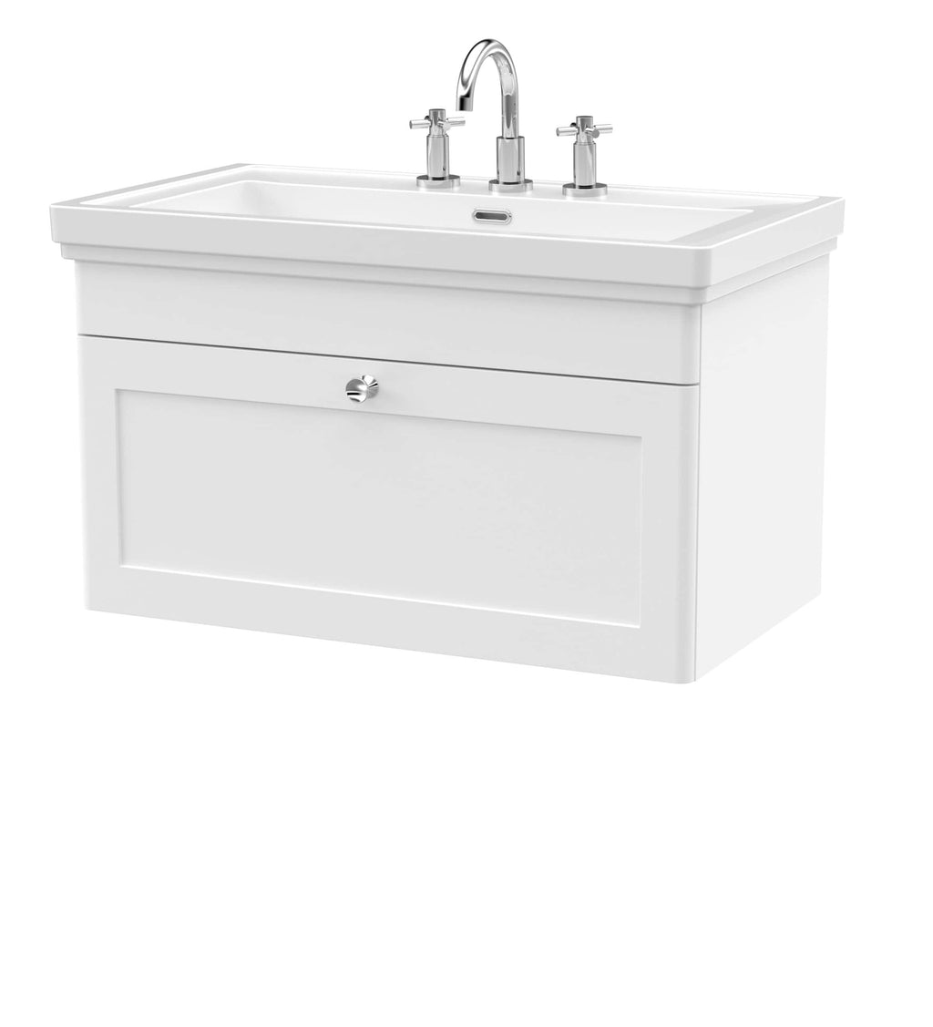 Polished white bathroom vanity with integrated sink and chrome tap fittings, designed for modern bathroom décor, durable cabinetry and stylish fixtures.