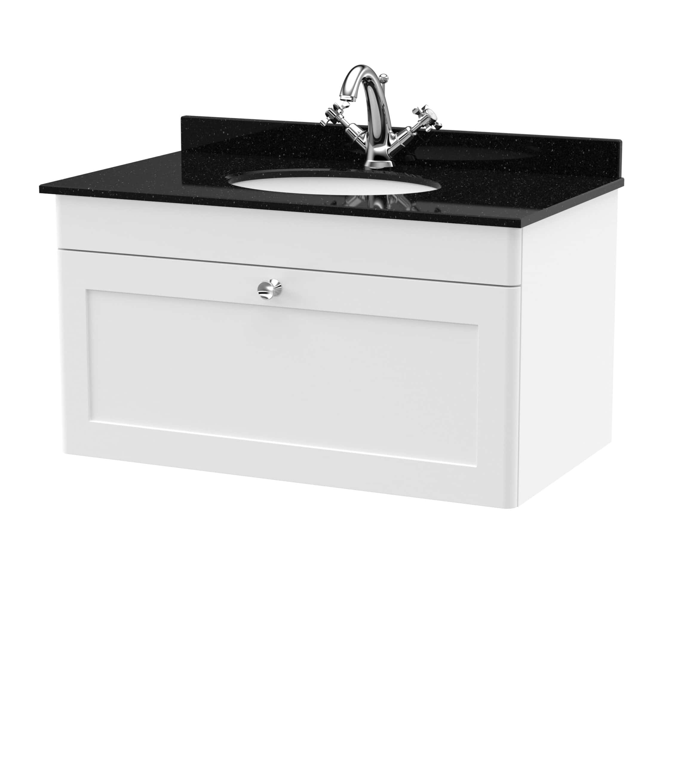 Modern bathroom vanity with black granite countertop and integrated sink, ideal for contemporary bathroom design. Stylish white cabinetry with chrome handle, perfect for bathroom storage solutions.