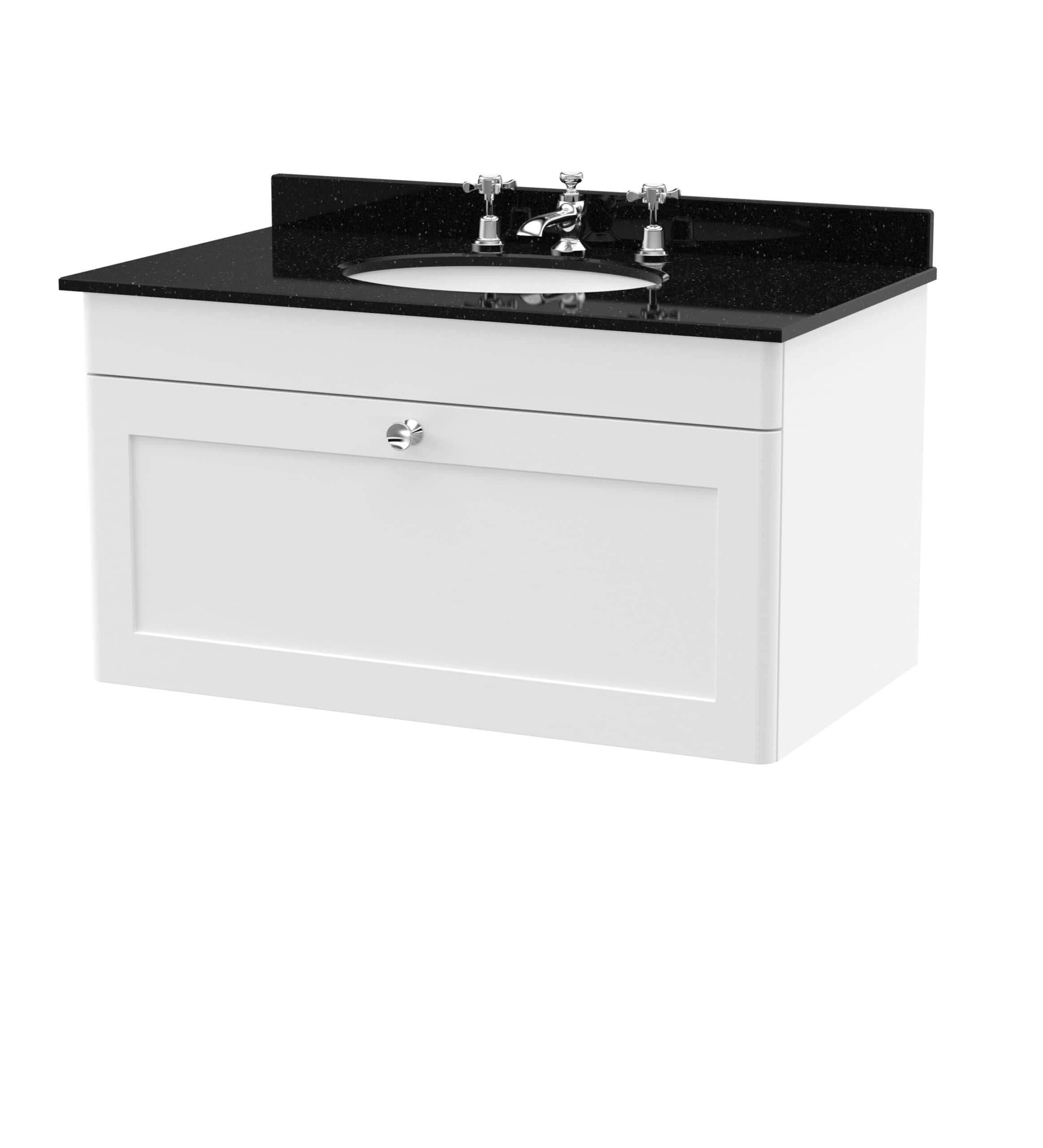 Sleek white bathroom vanity with black granite countertop and built-in sink, ideal for modern bathroom bathrooms. Stylish cabinetry and durable materials enhance bathroom functionality and design.