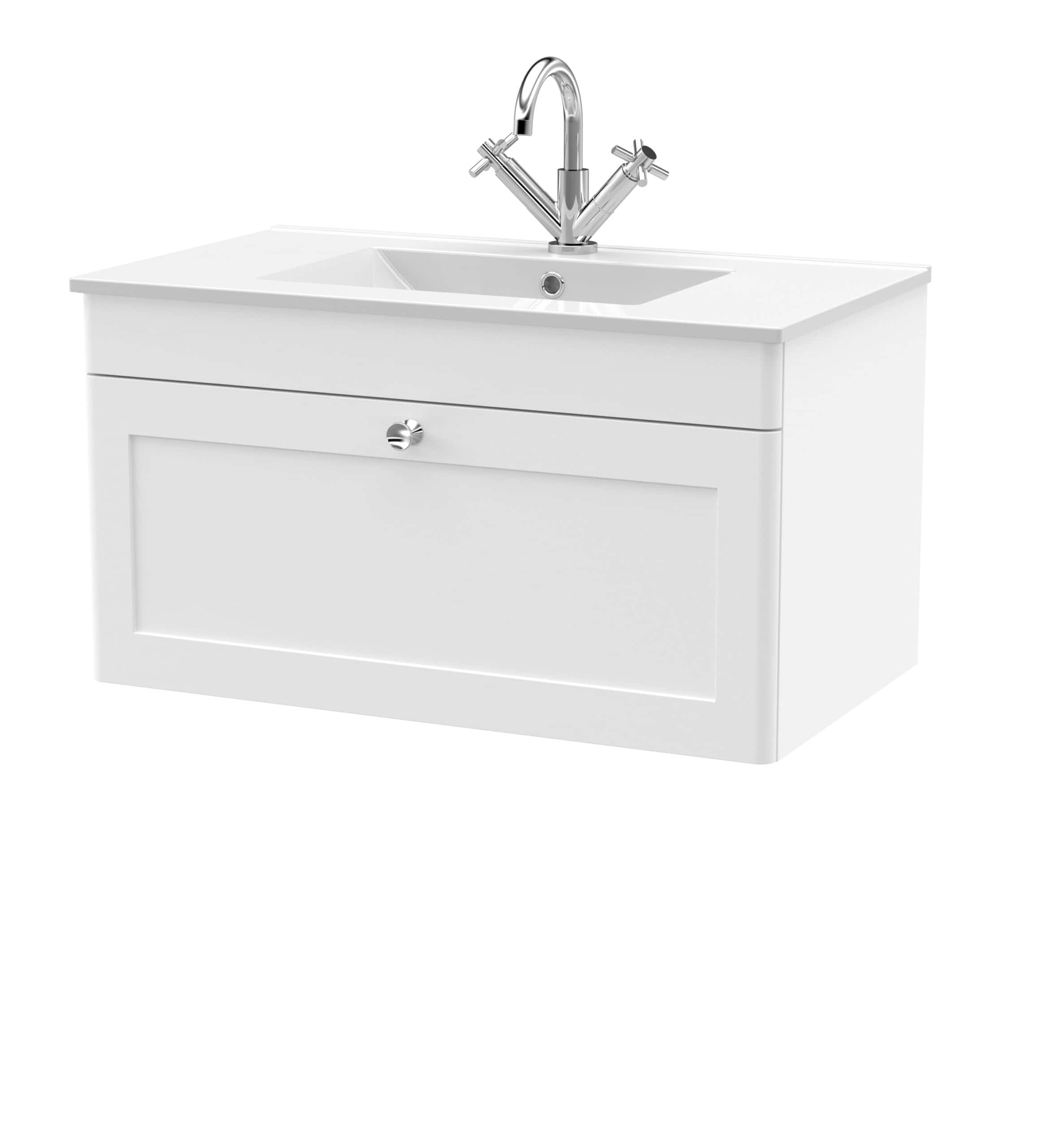 White bathroom vanity with integrated sink and chrome faucet, perfect for modern bathroom decor and storage solutions. Ideal for bathroom renovations and upgrades.
