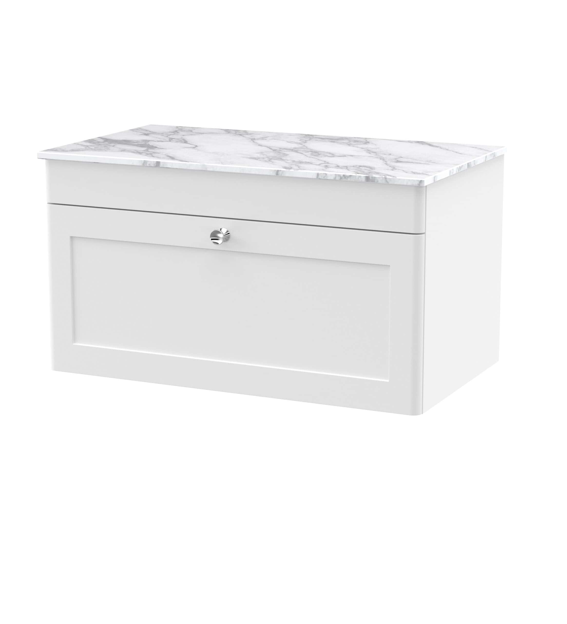 Contemporary white bathroom storage cabinet with marble top, ideal for modern bathroom decor and space-saving organisation.