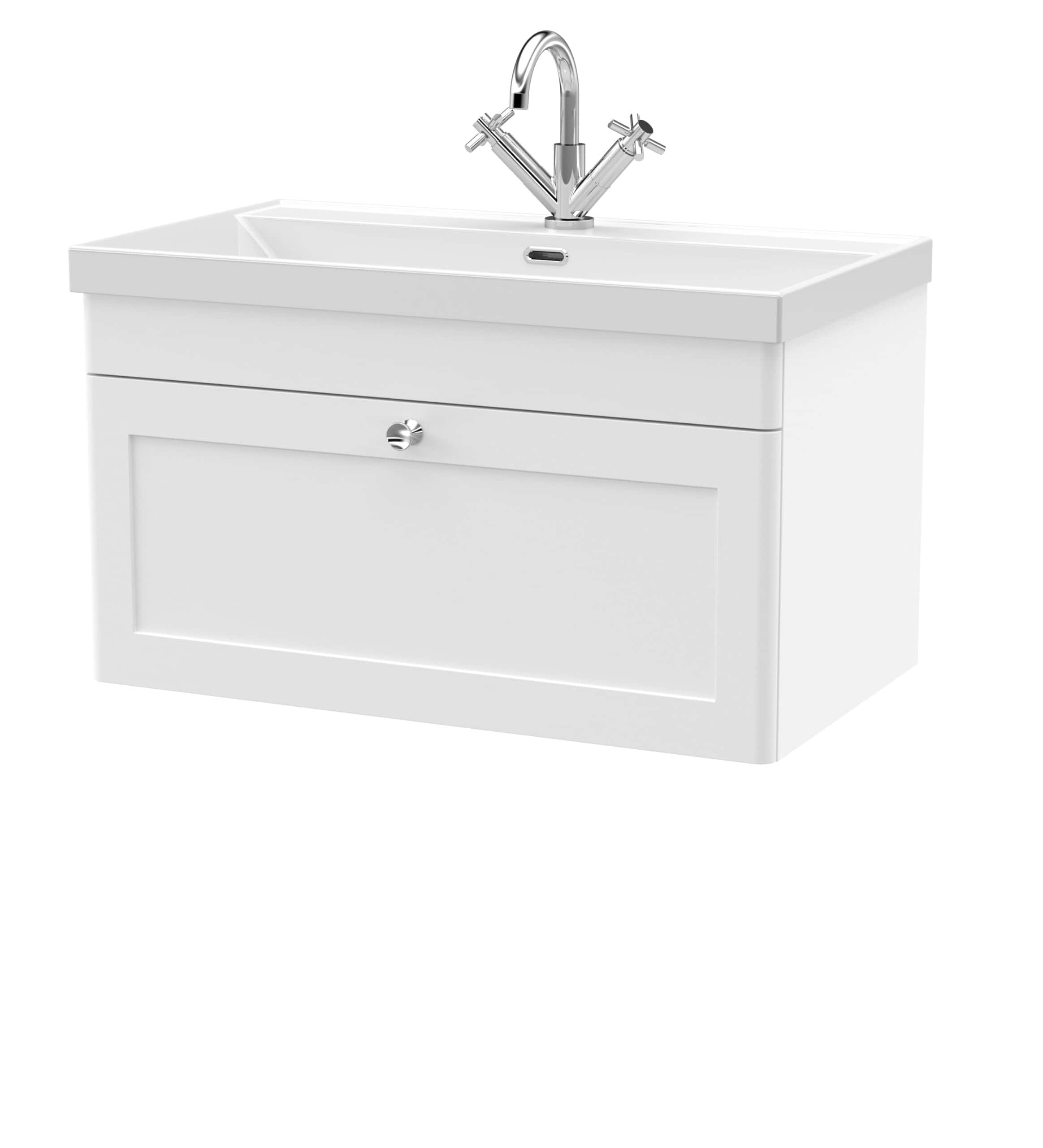 Modern white bathroom vanity with integrated sink and chrome faucet for stylish bathroom storage and functionality.