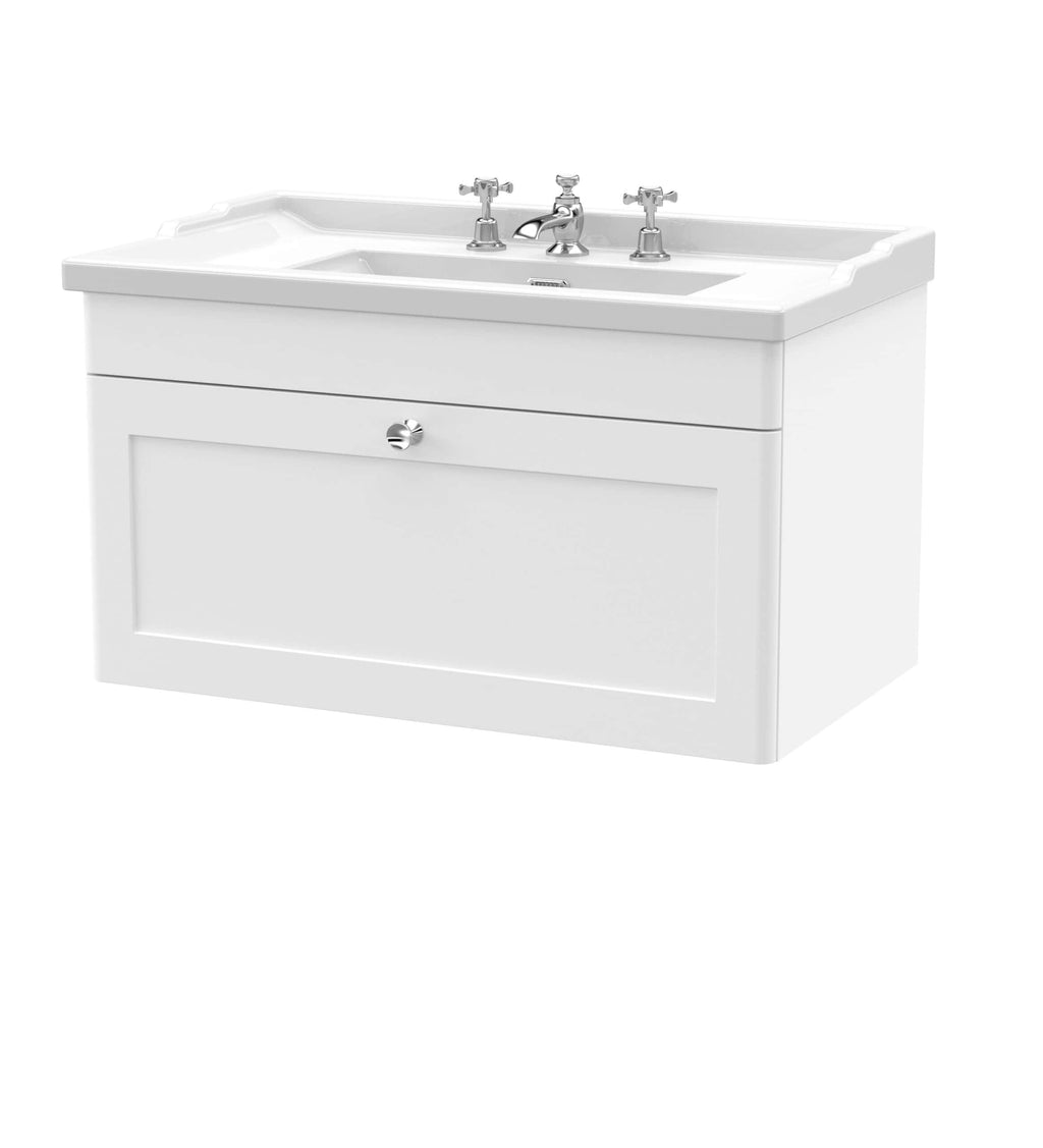 Bright white bathroom vanity unit with integrated sink and chrome taps for modern bathroom design. Stylish, functional, and ideal for space-saving bathroom renovations.