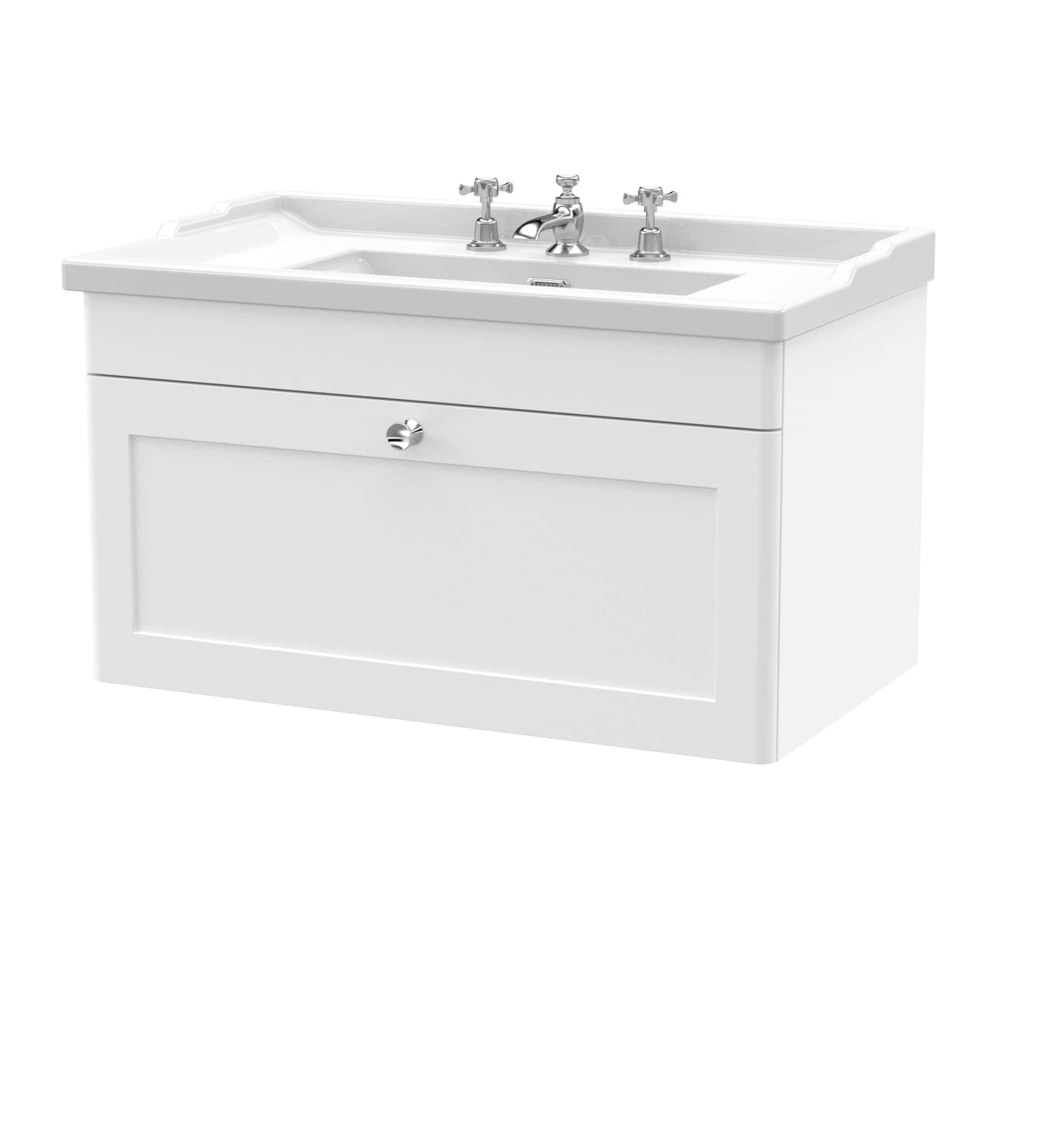 Bright white bathroom vanity unit with integrated sink and chrome taps for modern bathroom design. Stylish, functional, and ideal for space-saving bathroom renovations.