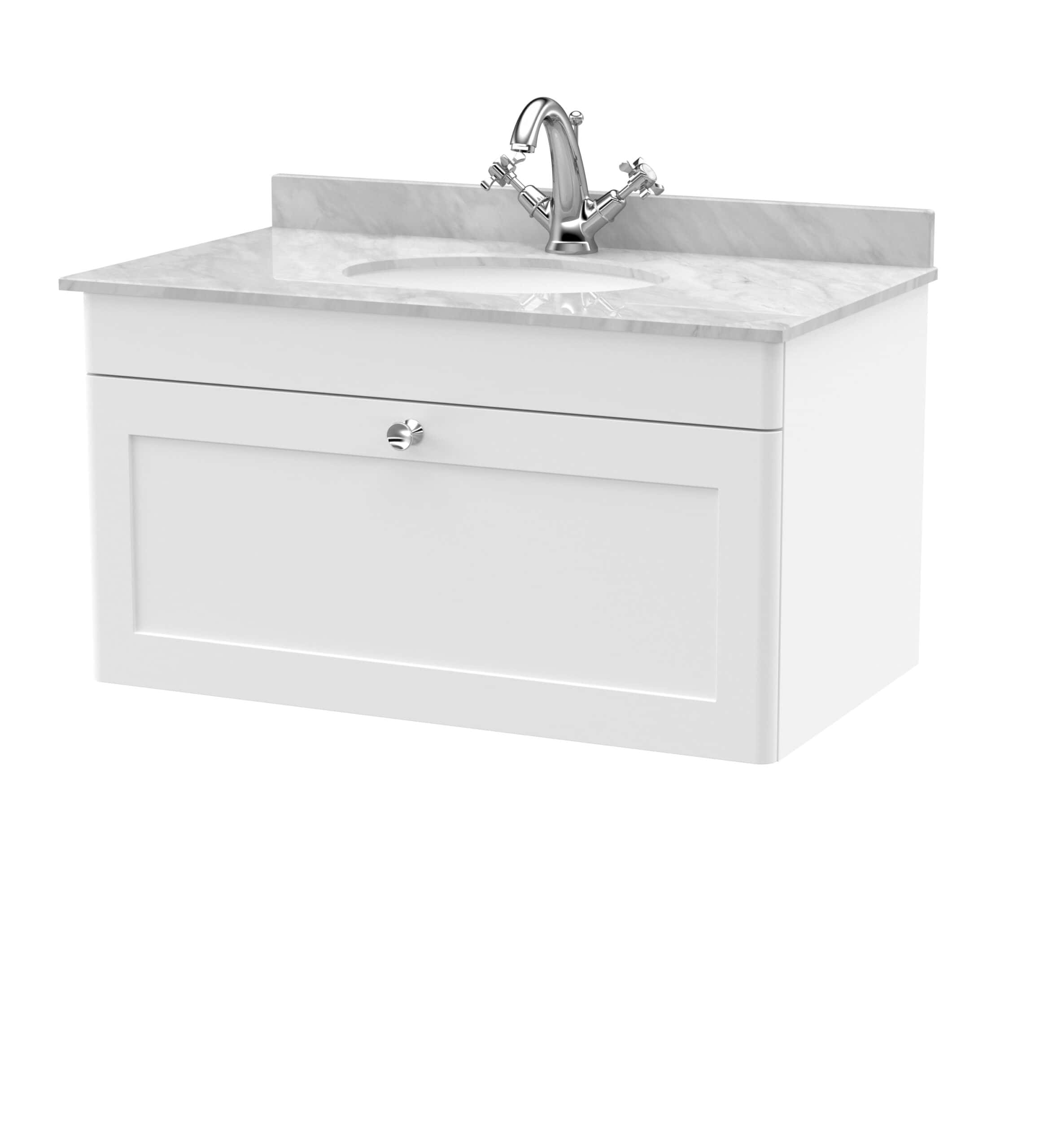 Polished bathroom vanity with marble countertop and chrome faucet, ideal for modern bathroom renovations.
