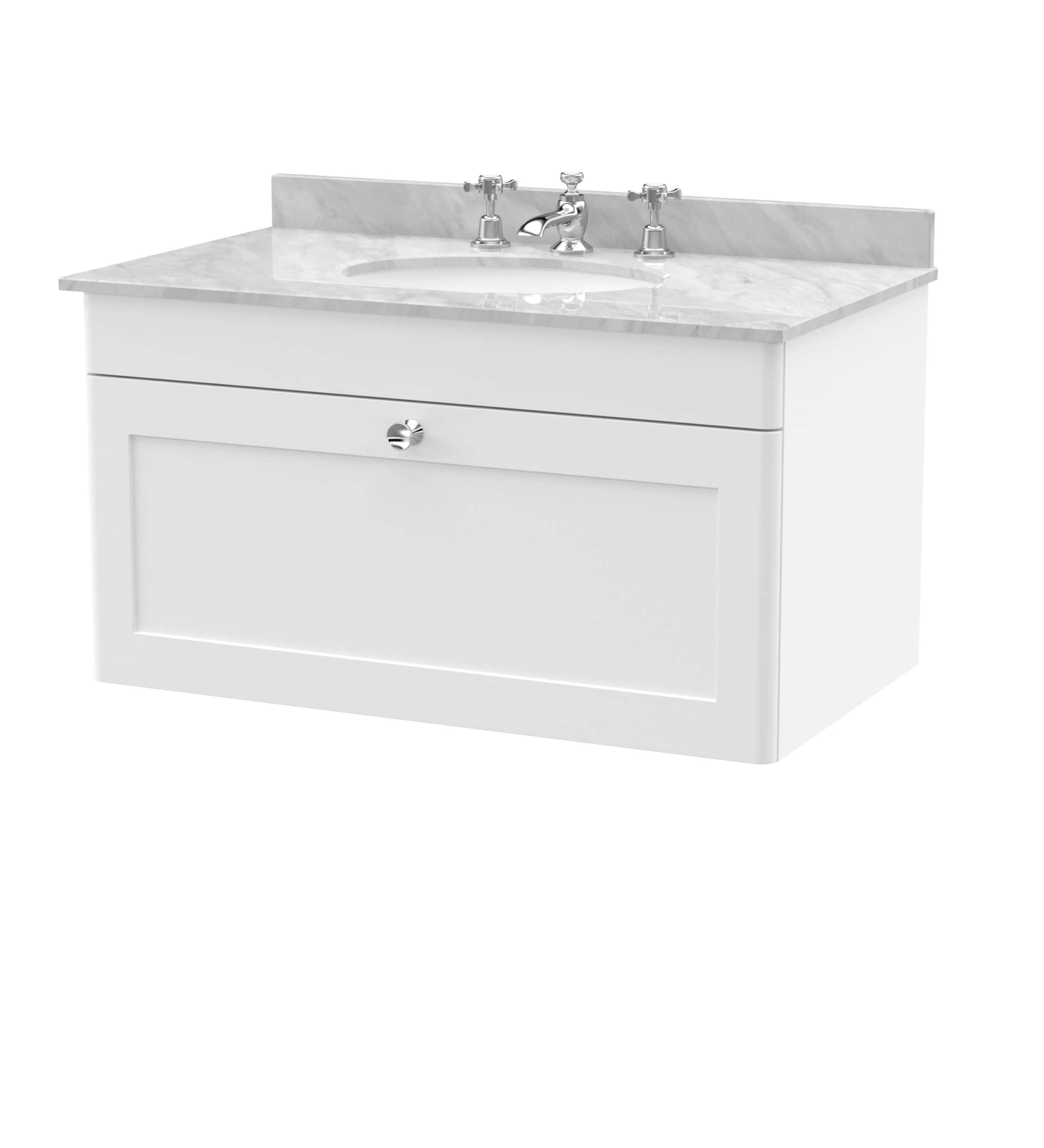 Polished white bathroom vanity unit with marble countertop and ceramic sink, featuring traditional chrome taps, ideal for modern bathroom renovation and style.