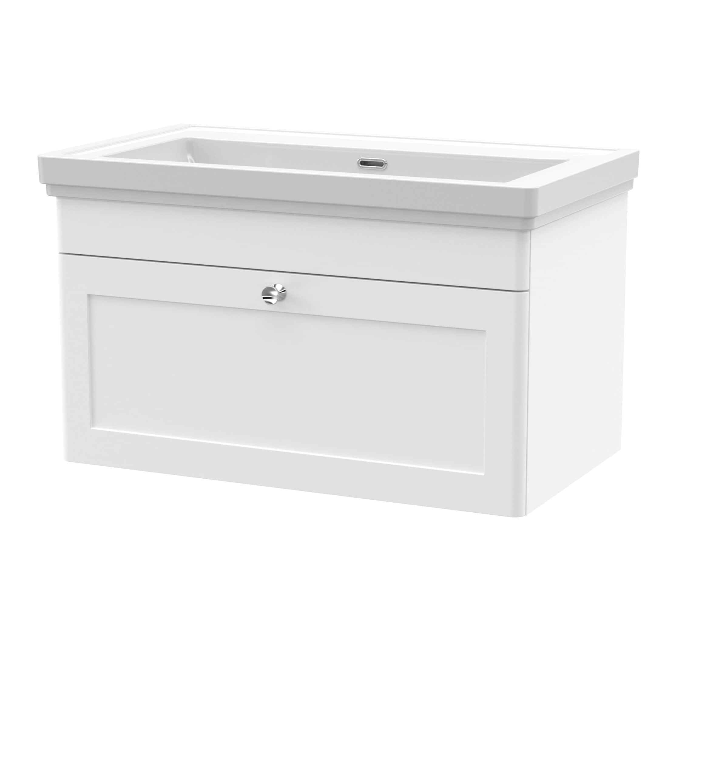 Bright white bathroom vanity with integrated sink, perfect for modern bathroom renovations and storage solutions. Stylish, durable, and easy to clean.