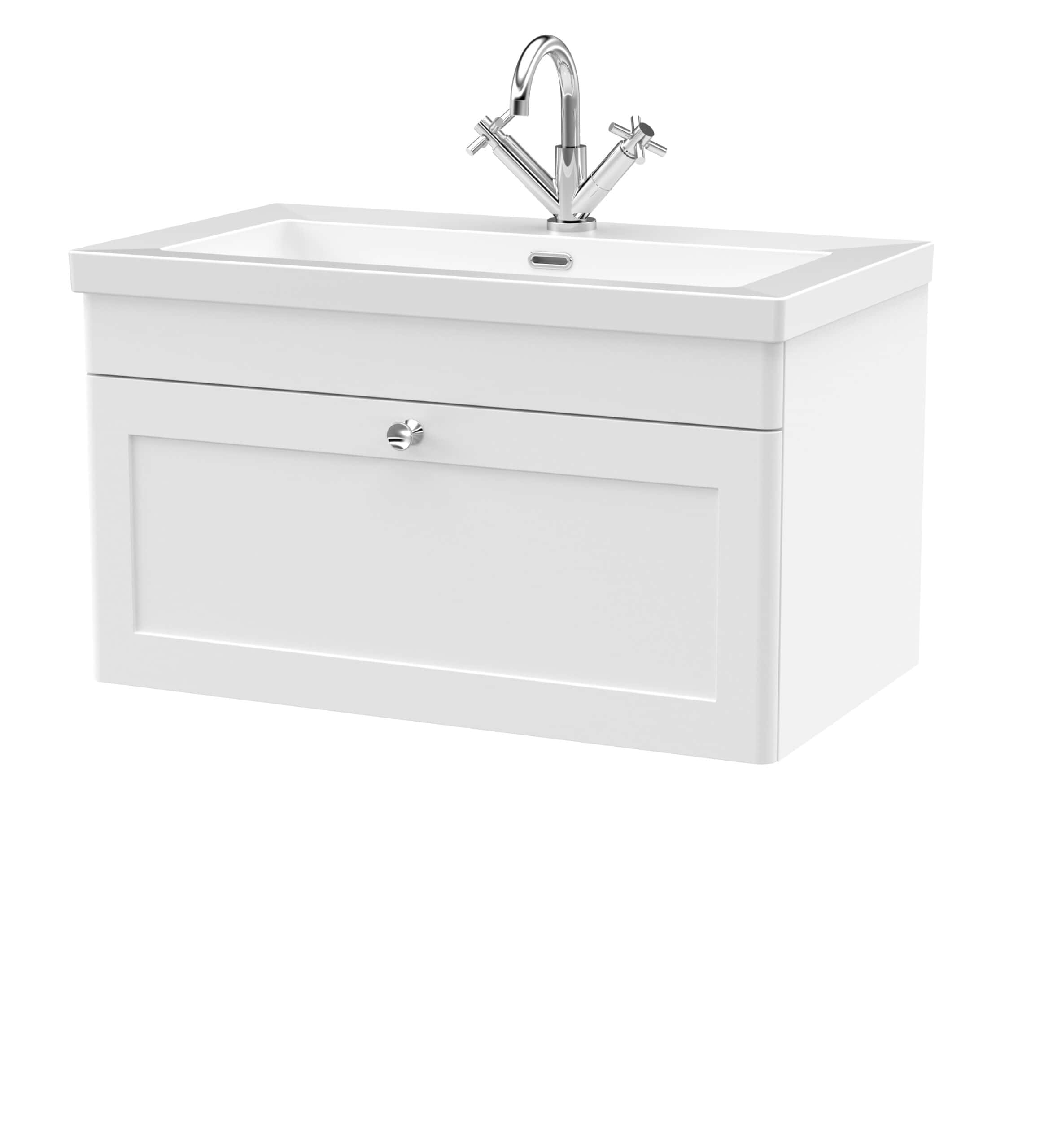 Modern white bathroom vanity unit with a built-in washbasin and chrome faucet, ideal for contemporary bathroom designs. Perfect for bathroom storage solutions and enhancing bathroom aesthetics.