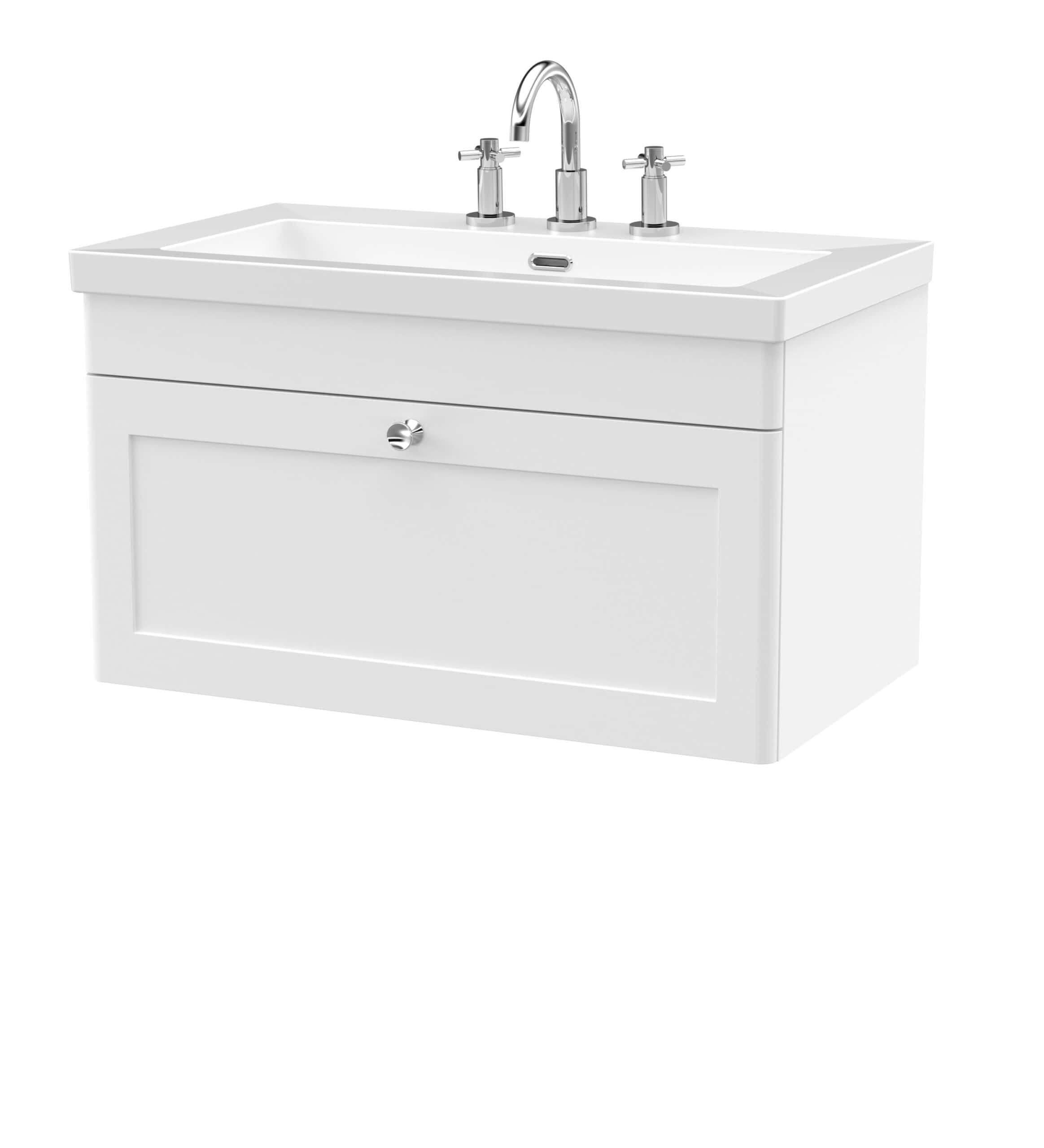 Smooth white bathroom vanity with integrated sink and chrome tap, ideal for modern bathroom designs. Durable cabinetry with stylish finish for a sleek and functional bathroom upgrade.