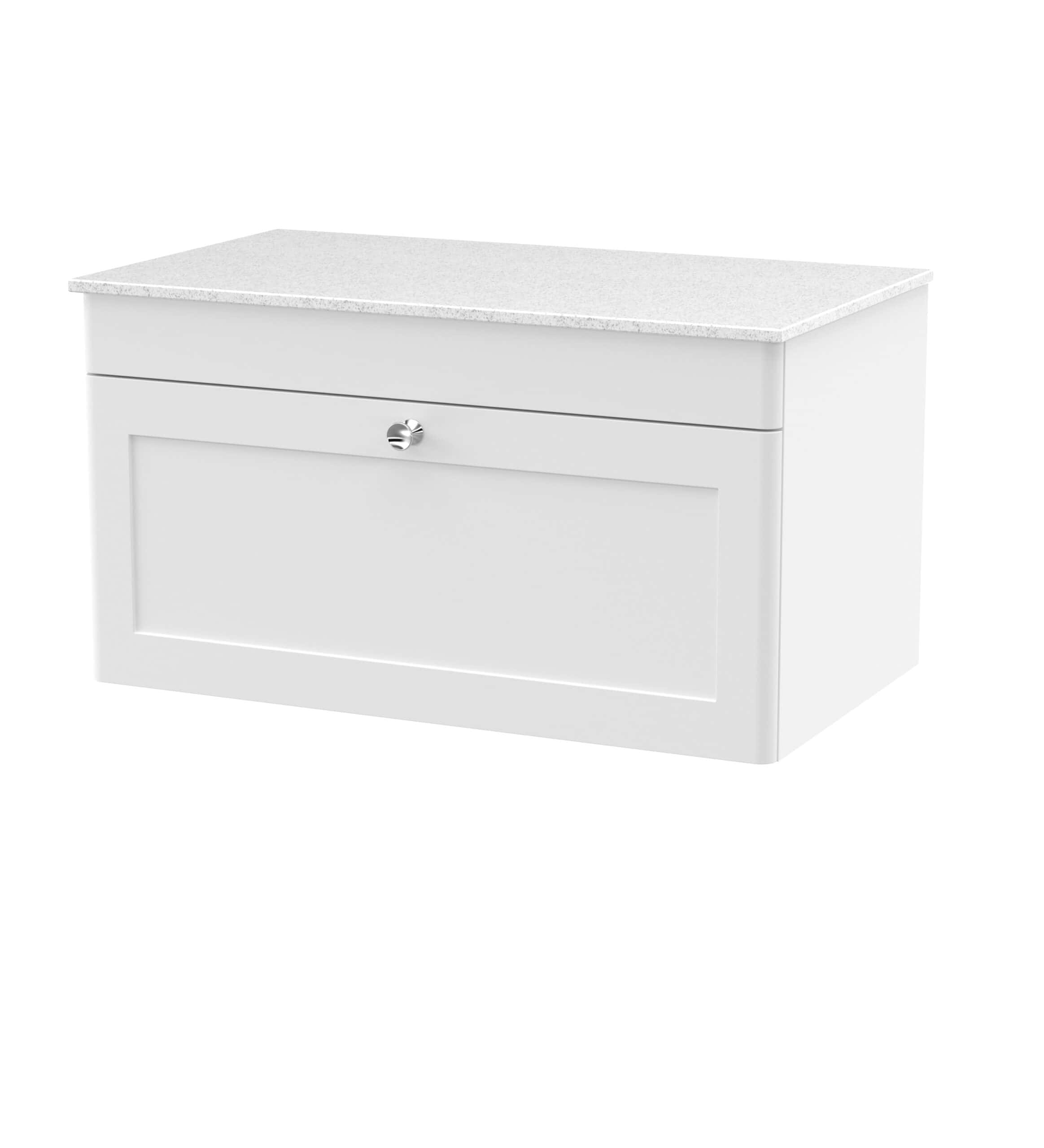 Stylish white bathroom wall cabinet with storage drawer and concealed door, perfect for modern bathroom organisation and space saving.