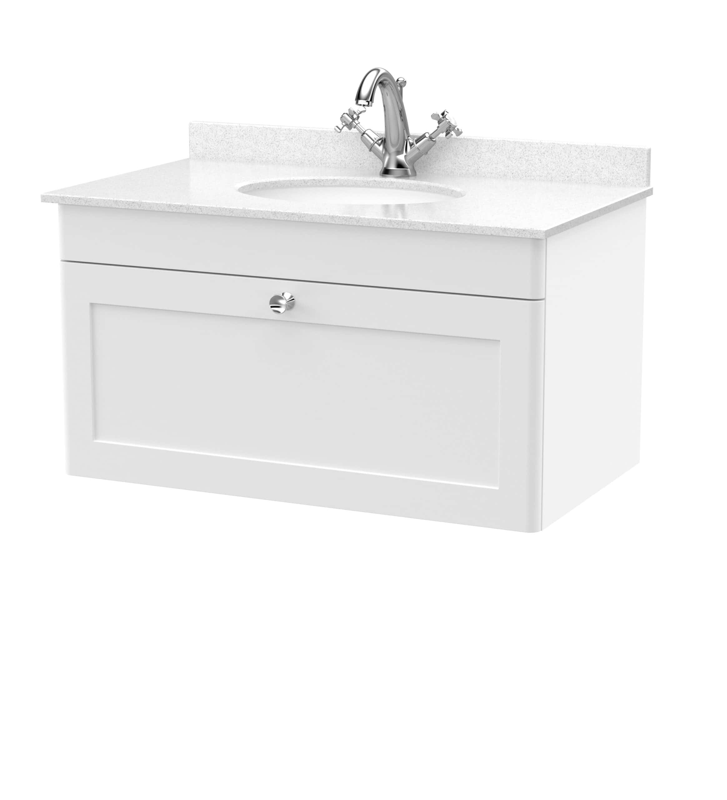 Polished white bathroom vanity unit with built-in sink and chrome tap, ideal for modern bathroom interiors. Durable ceramic basin with practical storage underneath, perfect for bathroom renovation.