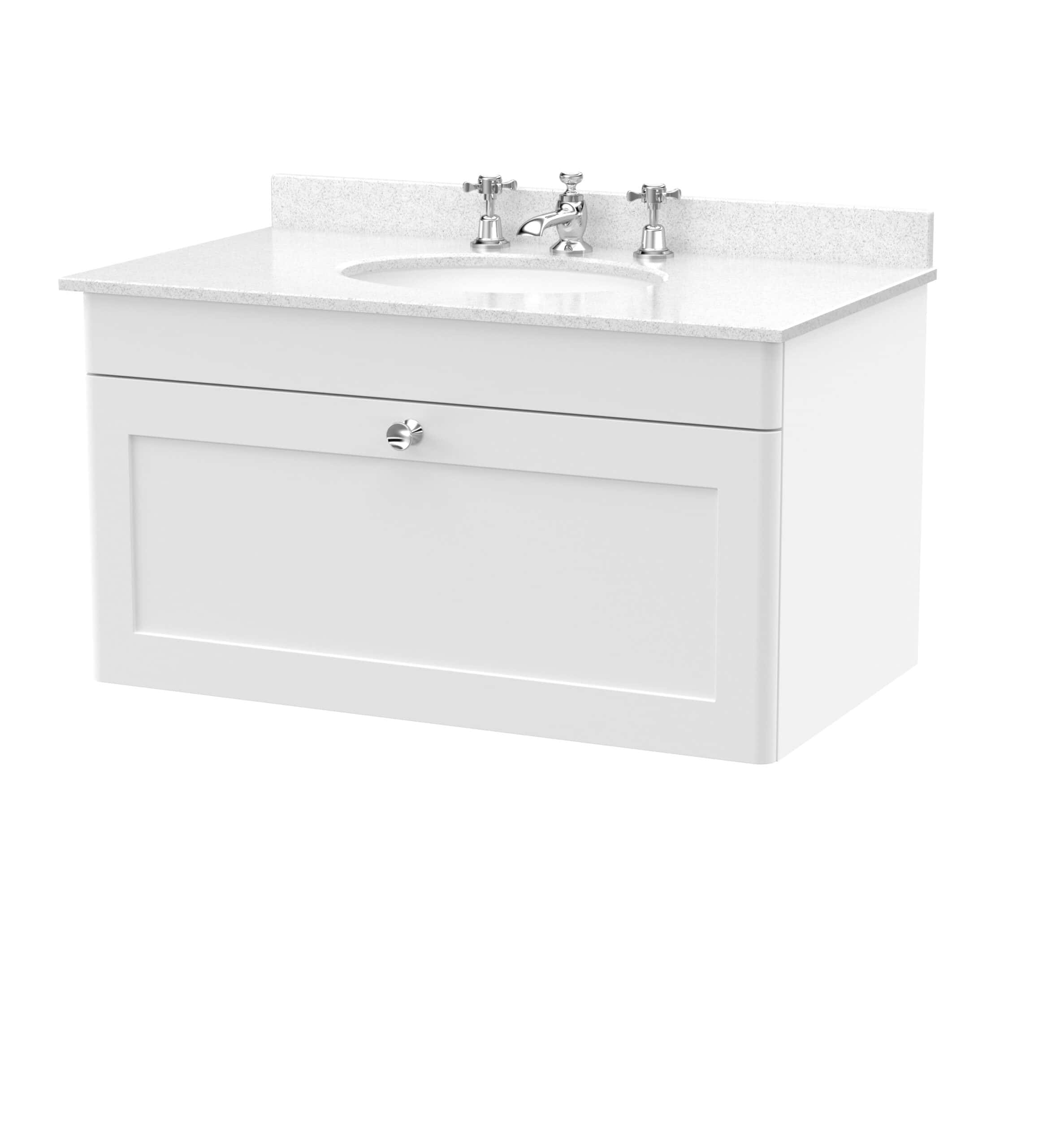 Polished white bathroom vanity with integrated sink and chrome taps, ideal for modern bathroom designs. Perfect for bathroom renovation and bathroom furniture upgrades.