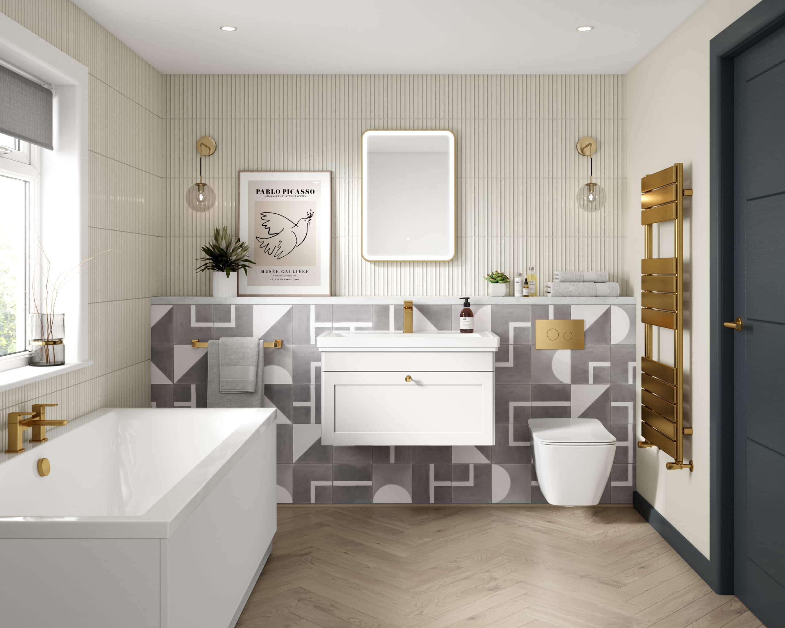 Elegant bathroom interior with grey geometric tile accents, white fixtures, and gold accents including towel rail and sink handles, creating a modern, luxurious look.