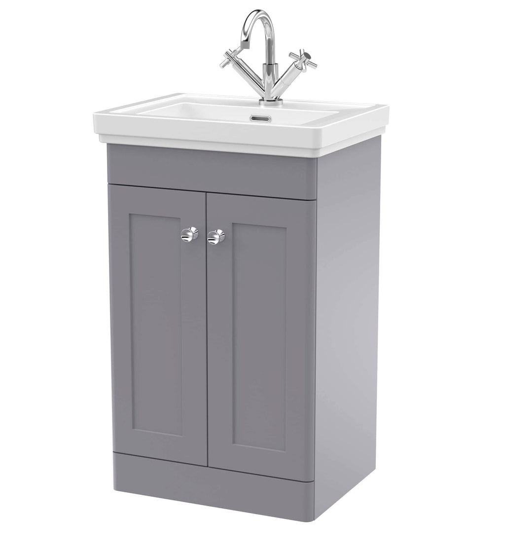Modern grey bathroom vanity unit with sink and chrome tap, ideal for contemporary bathroom renovations and storage.