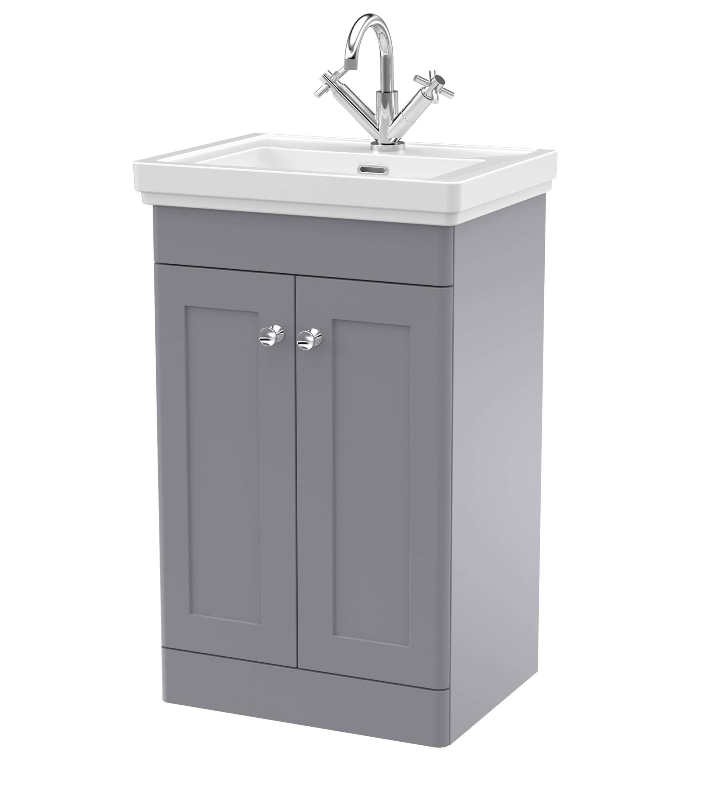 Modern grey bathroom vanity unit with sink and chrome tap, ideal for contemporary bathroom renovations and storage.