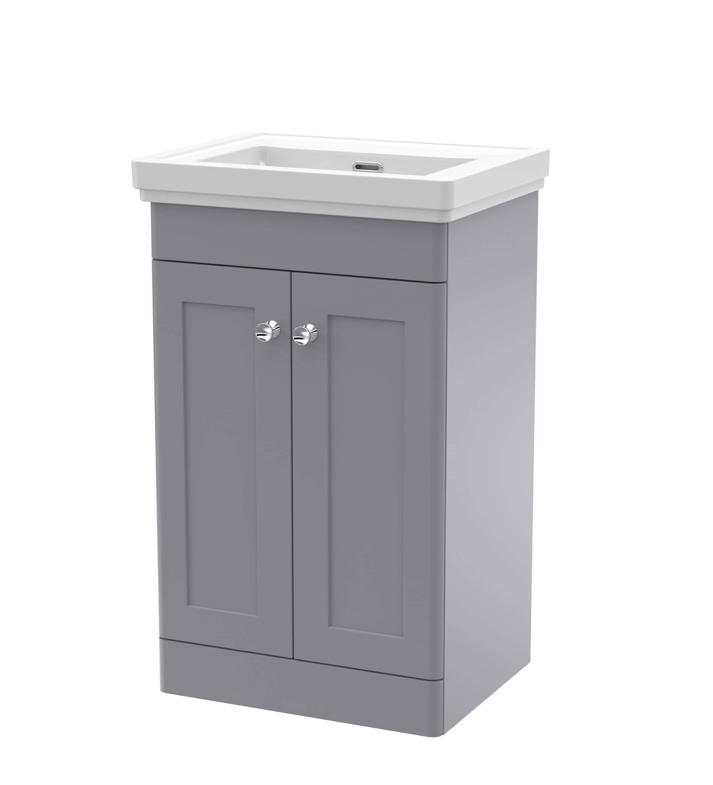 Modern grey bathroom vanity with integrated sink, perfect for contemporary bathroom designs and storage solutions.