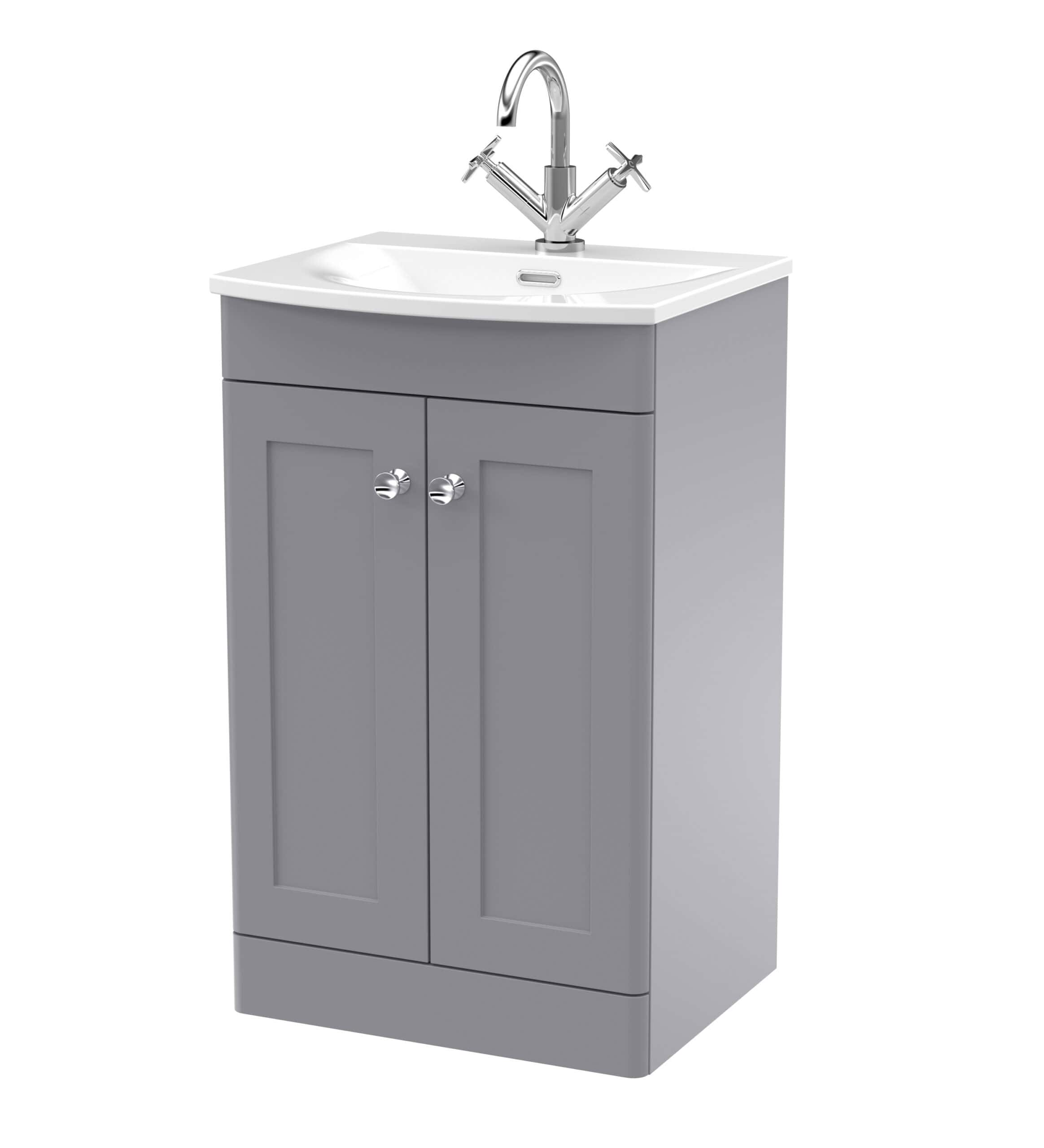 Modern grey bathroom vanity with integrated sink and chrome faucet, ideal for stylish bathroom upgrades and storage solutions.