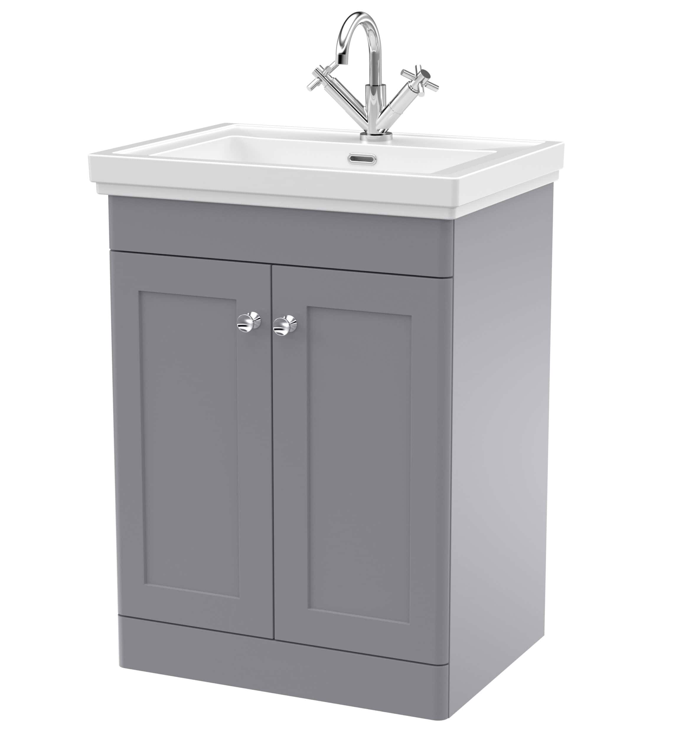 Modern grey bathroom vanity with ceramic sink and chrome taps, ideal for contemporary bathroom designs and renovation projects. Perfect for storage and stylish bathroom upgrades.