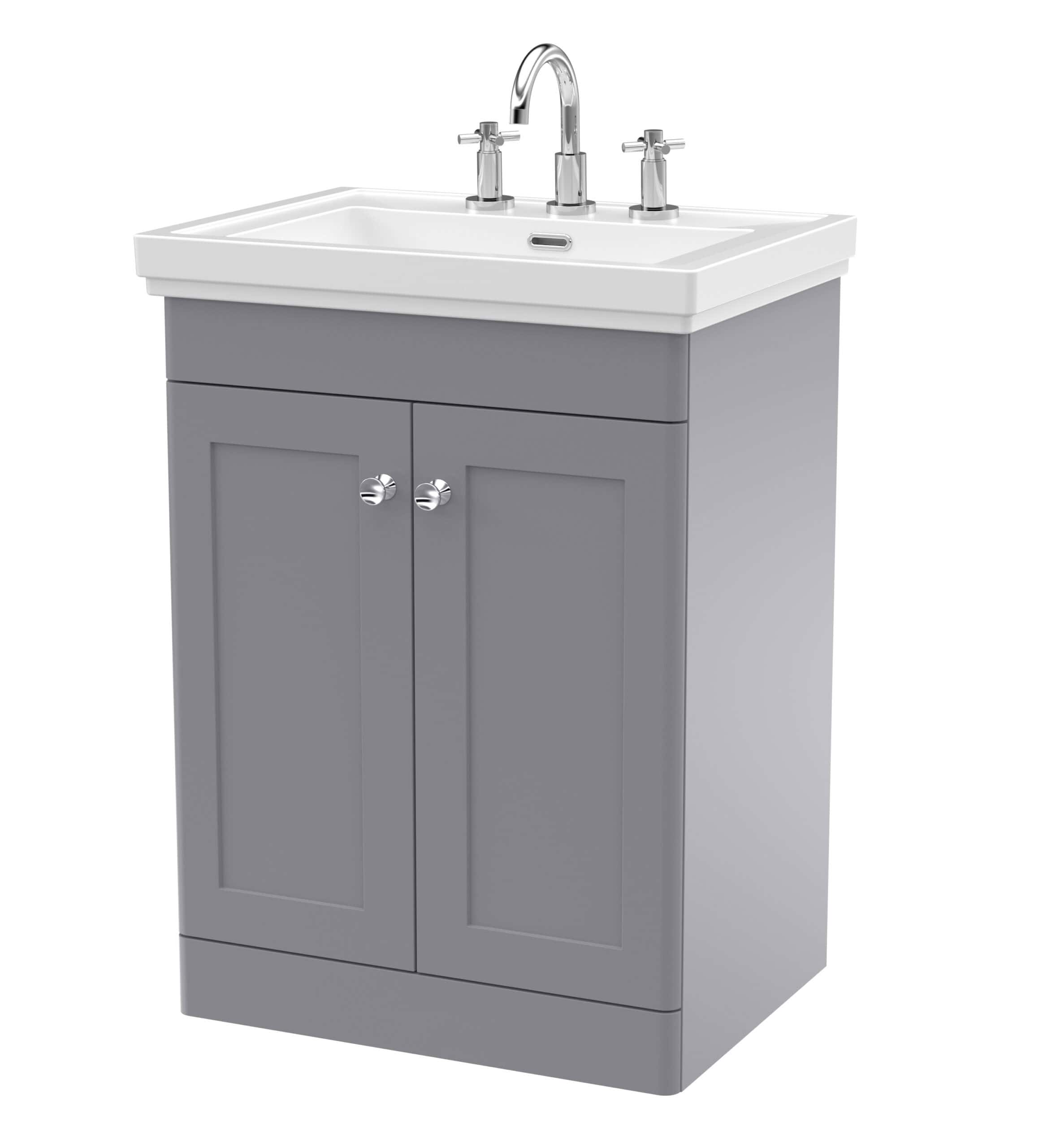 Black sink unit with chrome taps and a grey bathroom cabinet, perfect for modern bathroom installations. High-quality bathroom vanity unit designed for stylish and functional bathroom storage.