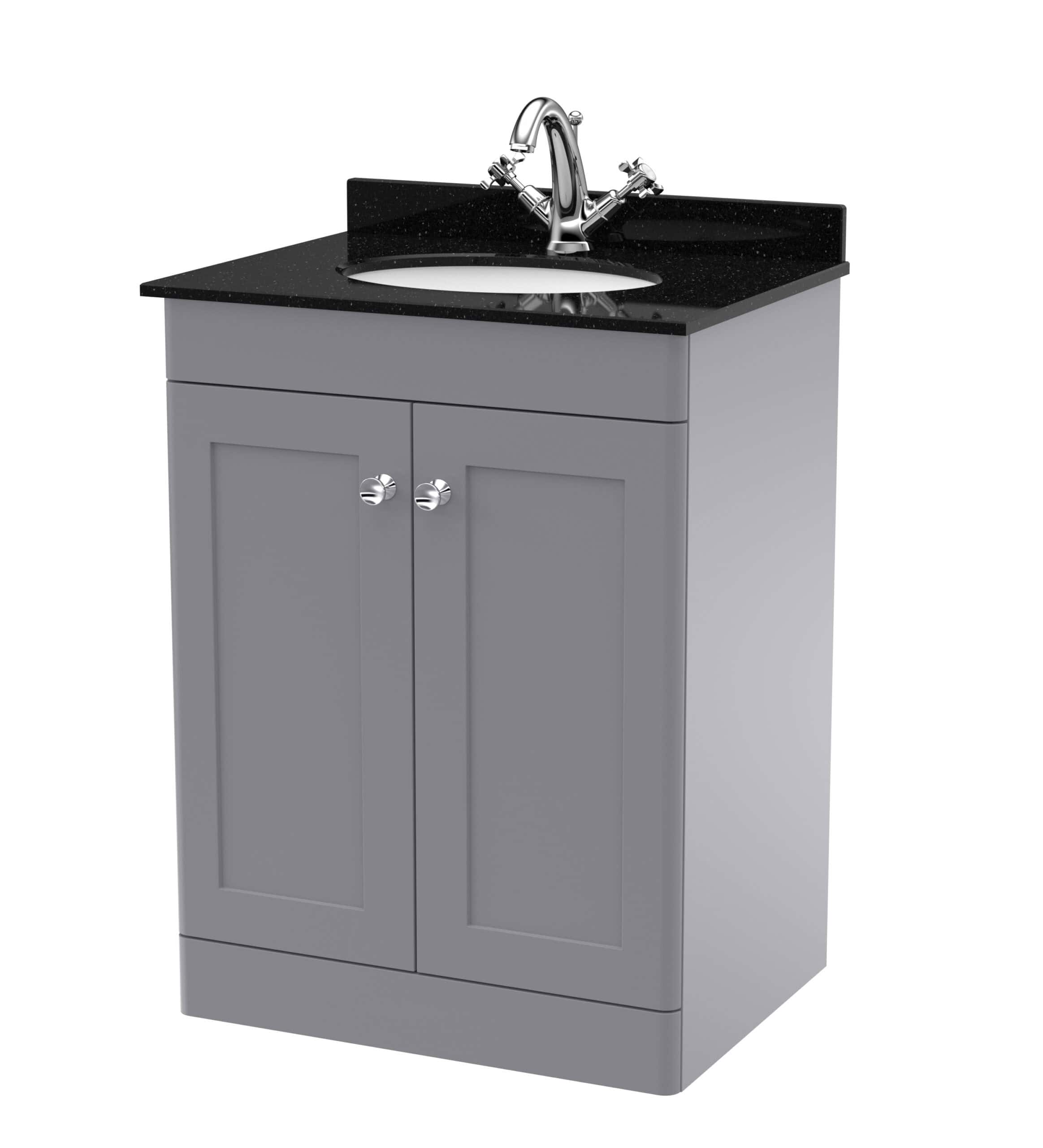 Polished grey bathroom vanity cabinet with black granite countertop, integrated sink, chrome faucet, modern bathroom furniture for stylish and functional bathroom decor.