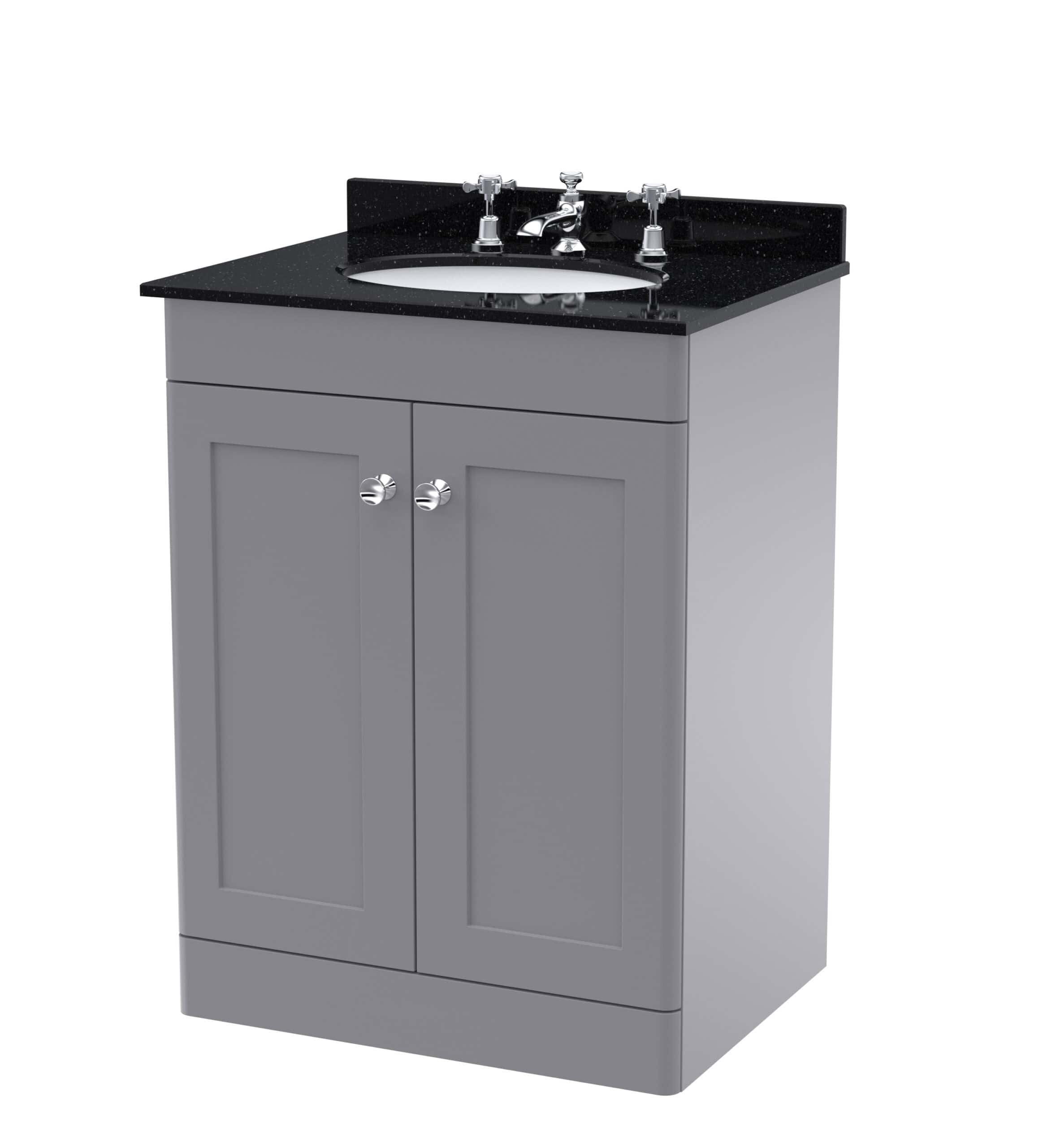 Modern grey bathroom vanity with black composite countertop and integrated sink, featuring chrome taps and cupboard storage. Ideal for contemporary bathroom renovation and plumbing upgrades.