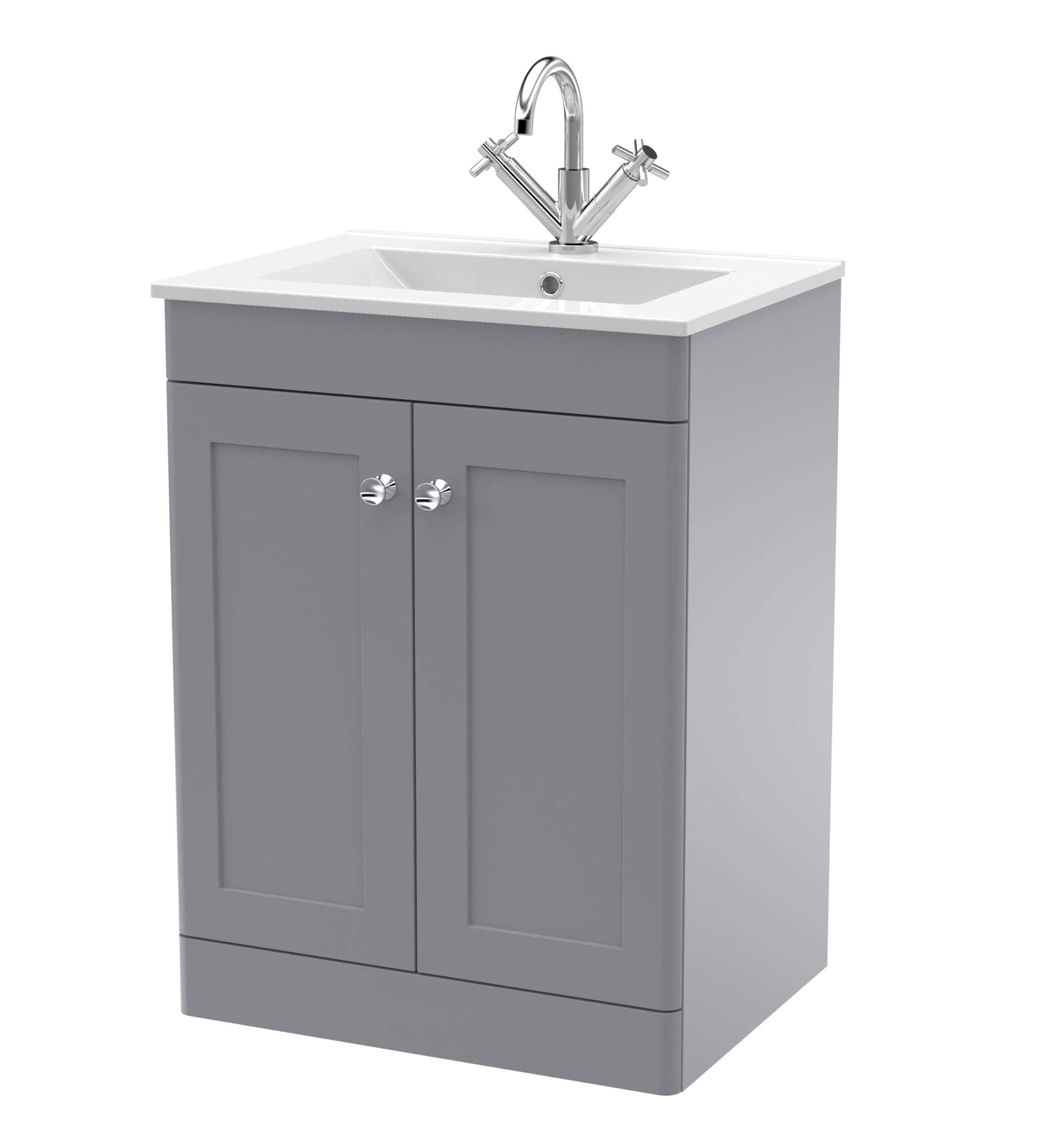 Modern grey bathroom vanity unit with integrated sink and chrome-finished tap, ideal for contemporary bathroom remodels and plumbing fixtures. Perfect for organising bathroom essentials with style.